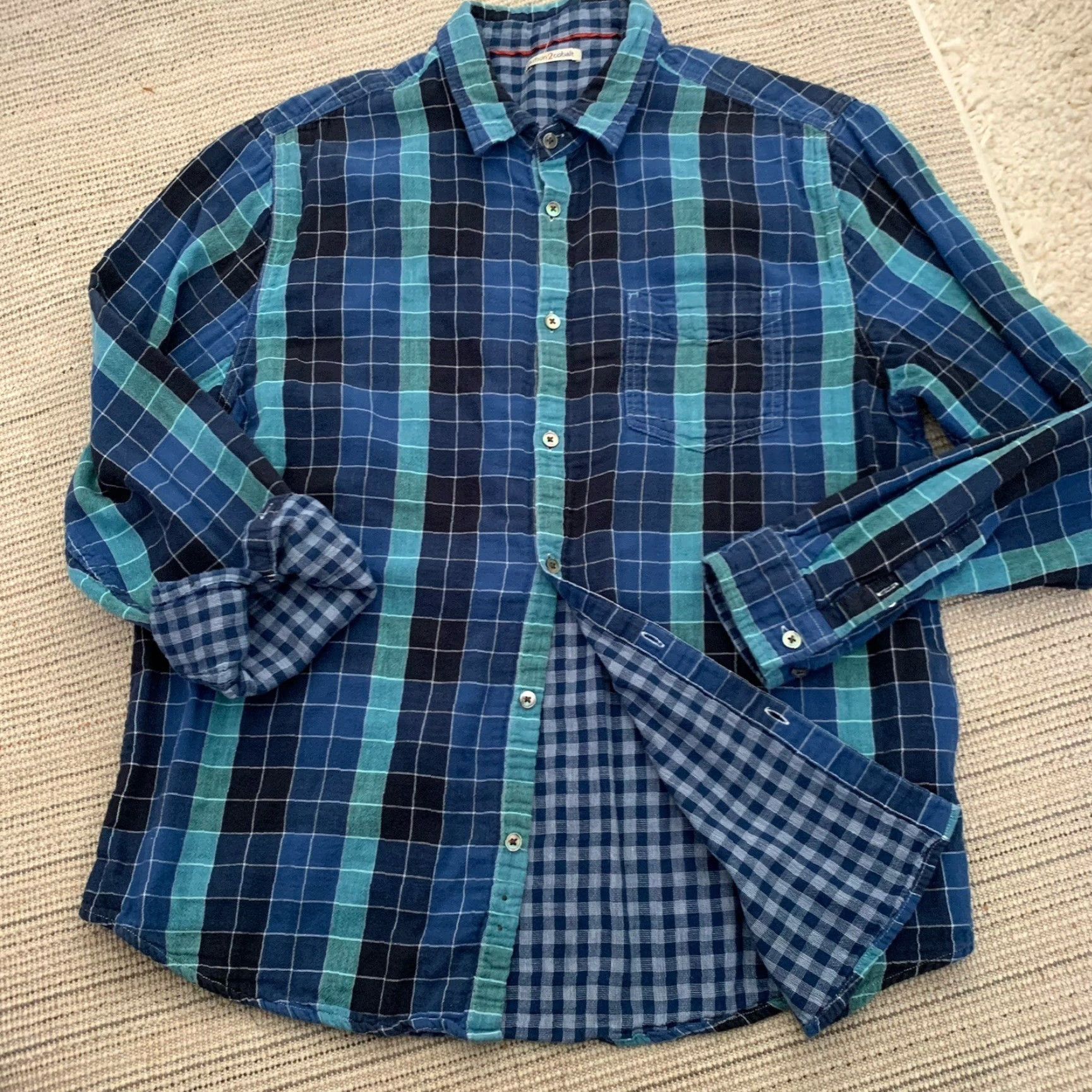 Carbon2Cobalt Carbon2Cobalt Shirt Mens Large Aqua Blue Plaid Button-Up Two-Ply Double Faced Size US L / EU 52-54 / 3 - 7 Thumbnail