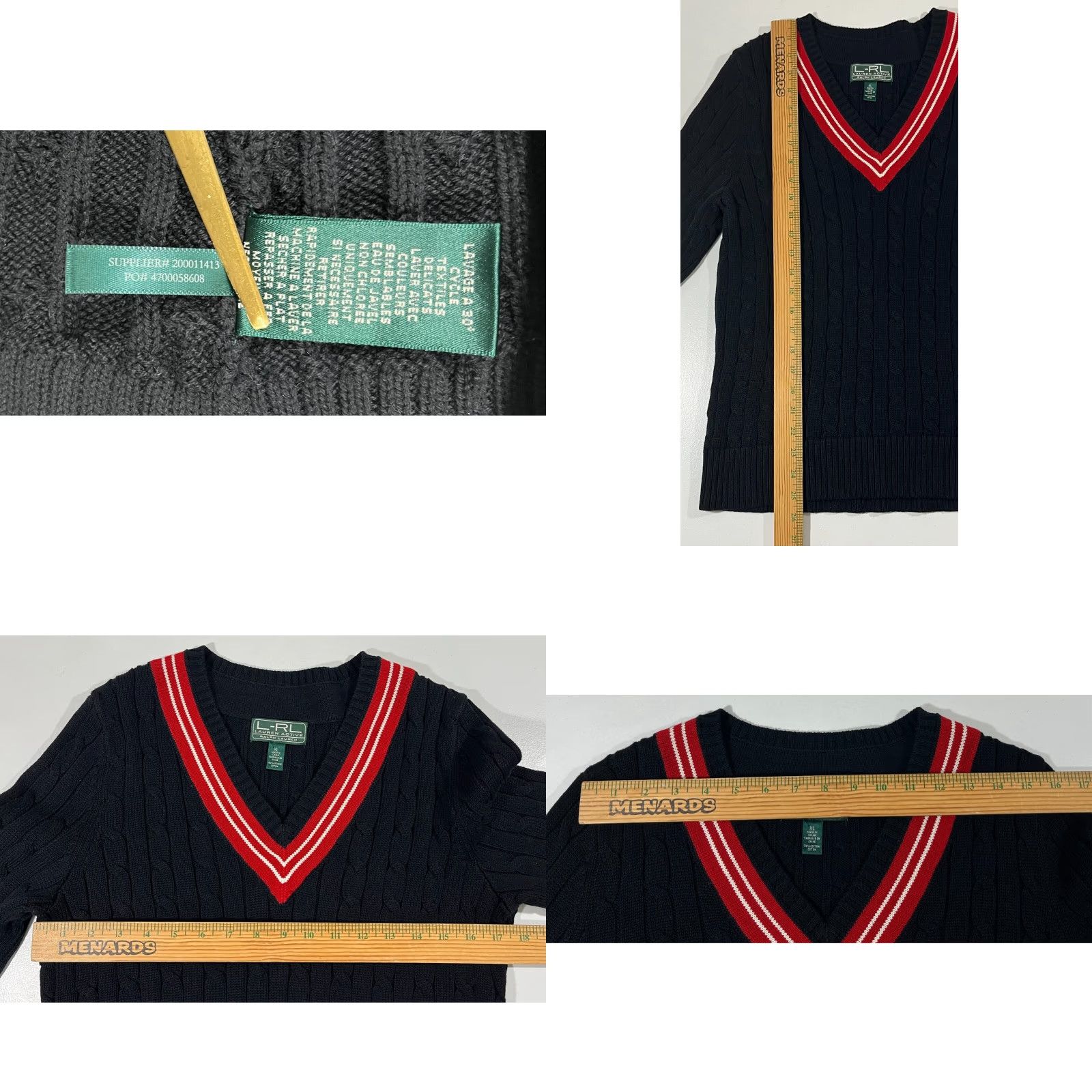 Ralph Lauren VINTAGE Lauren Ralph Lauren Women's Cable Knit V-Neck Cricket Sweater XL Black Pullover Knit Sweater Size XL / US 12-14 / IT 48-50 - 8 Thumbnail