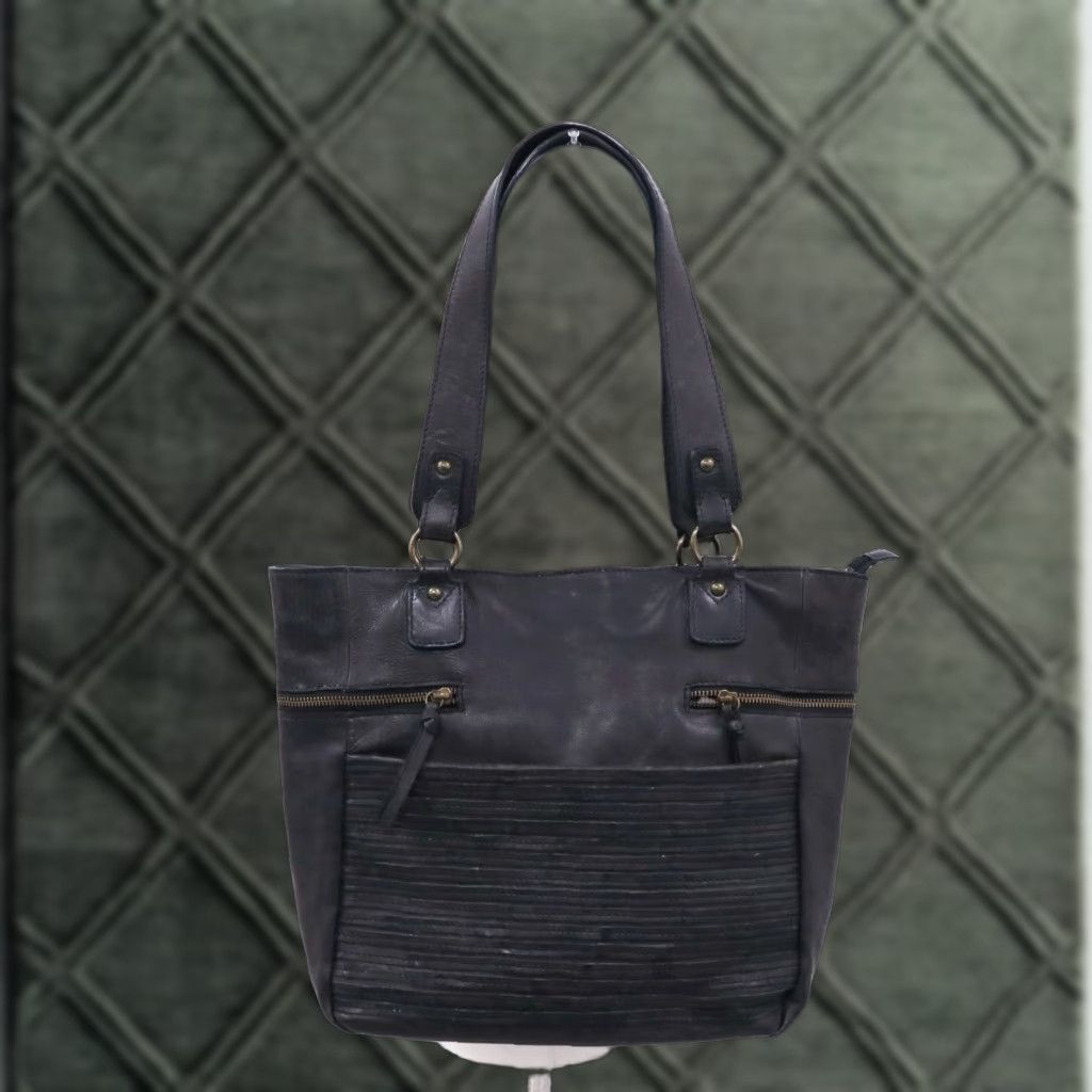 Vintage Nino Bossi Large Tote Bag Womens Black Genuine Leather Zip Pockets Casual Workwear