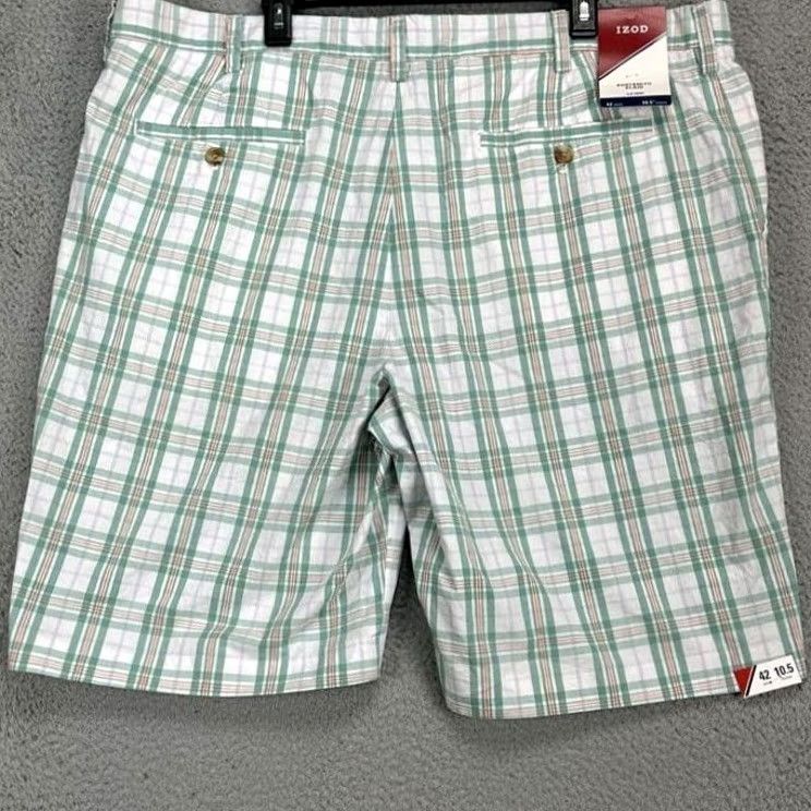 Izod IZOD Khaki Chino Shorts Mens 42X10.5 Green White Plaid Portsmith Flat Front NEW Size US 42 / EU 58 - 3 Thumbnail