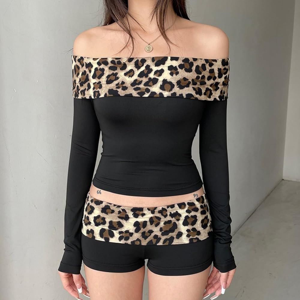 Vintage Black Brown Fold Over off shoulder top with leopard print Size M / US 6-8 / IT 42-44 - 2 Thumbnail