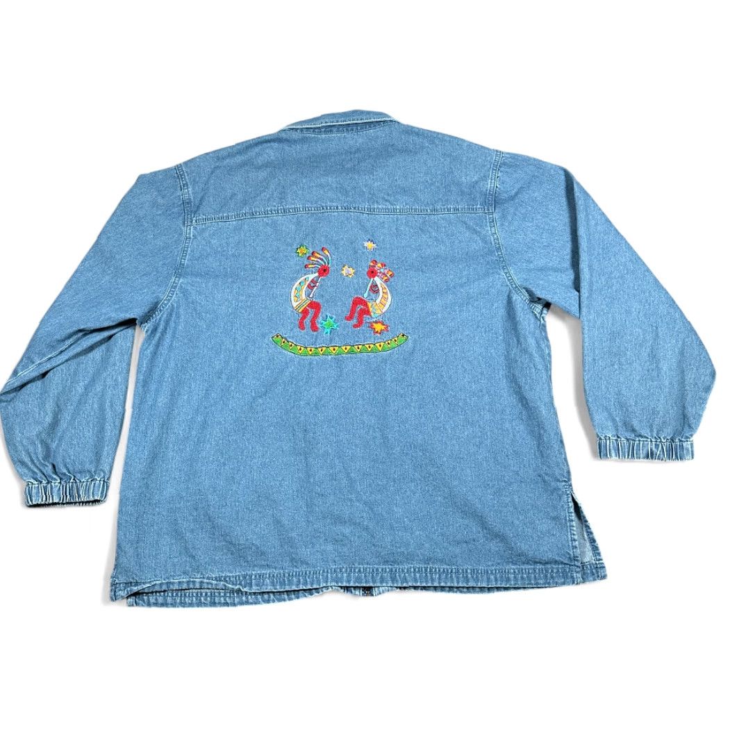 Denime VINTAGE Denim Bakery Kokopelli Jacket Womens LARGE Blue Denim Embroidered Western 90s Jacket Size L / US 10 / IT 46 - 2 Thumbnail