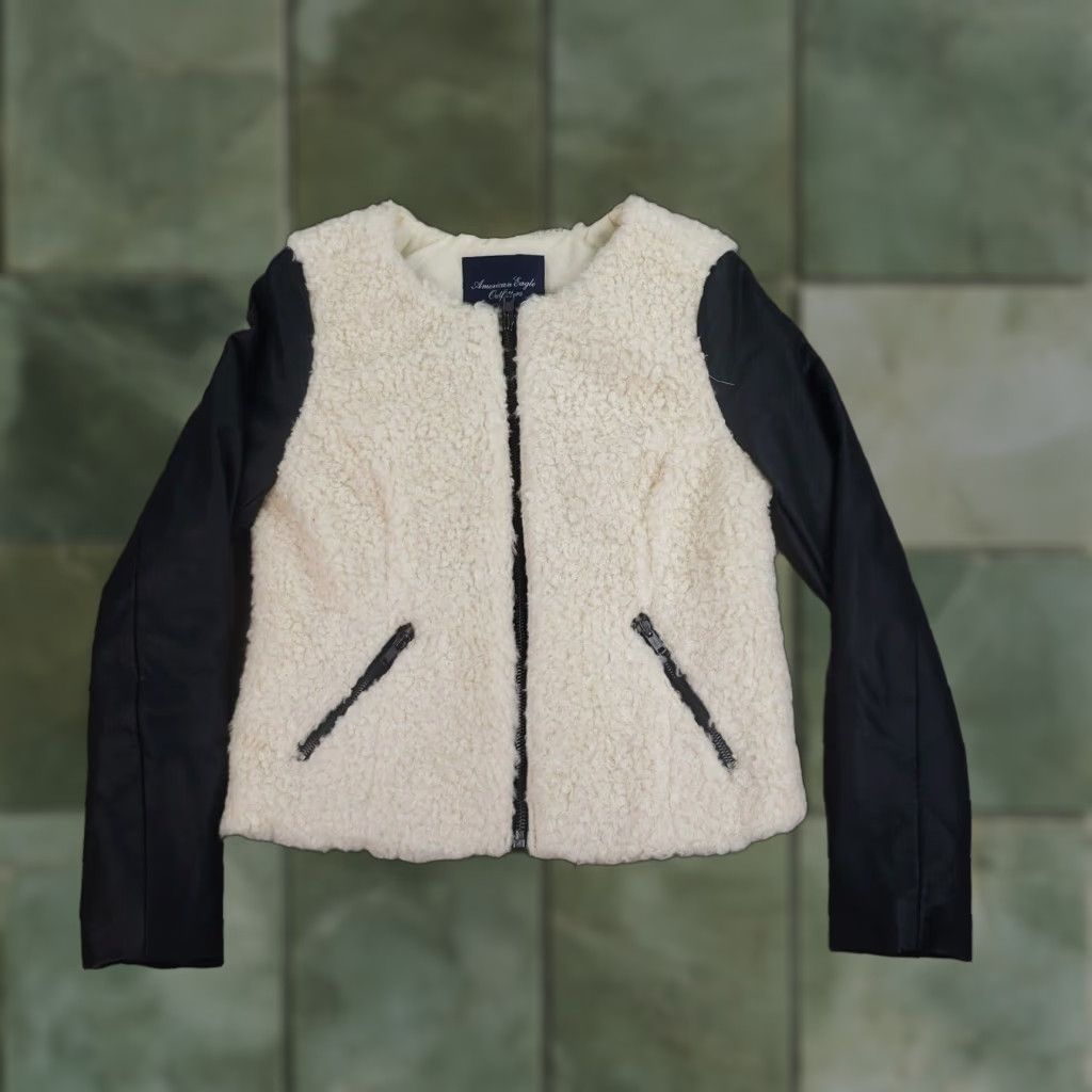 American Eagle Outfitters American Eagle Womens Small Ivory Black Fleece Jacket Full Zip Pockets Long Sleeve Casual Fall Winter Size S / US 4 / IT 40 - 1 Thumbnail