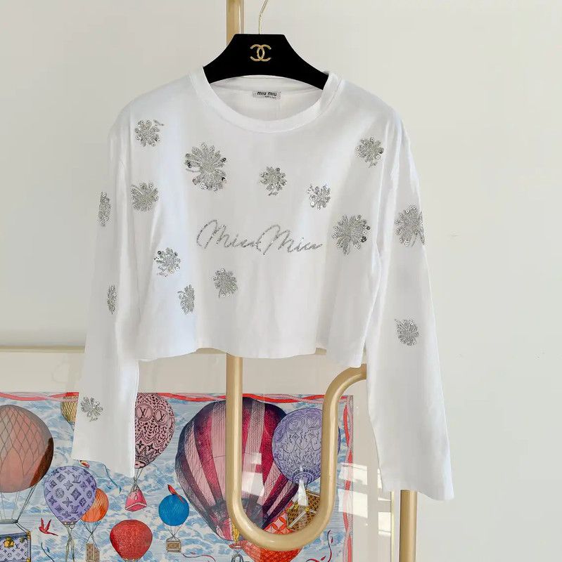 Miu Miu Summer White Crop Long Sleeve T-Shirt 0089