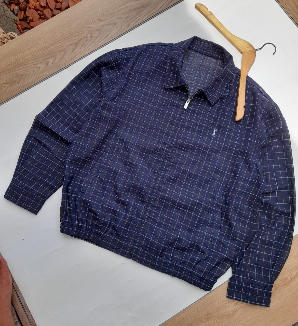 image of Plaid Itemvintage YVES Saint Laurent X YSL Jacket in Plaid Dark Navy, Men's (Size Medium)