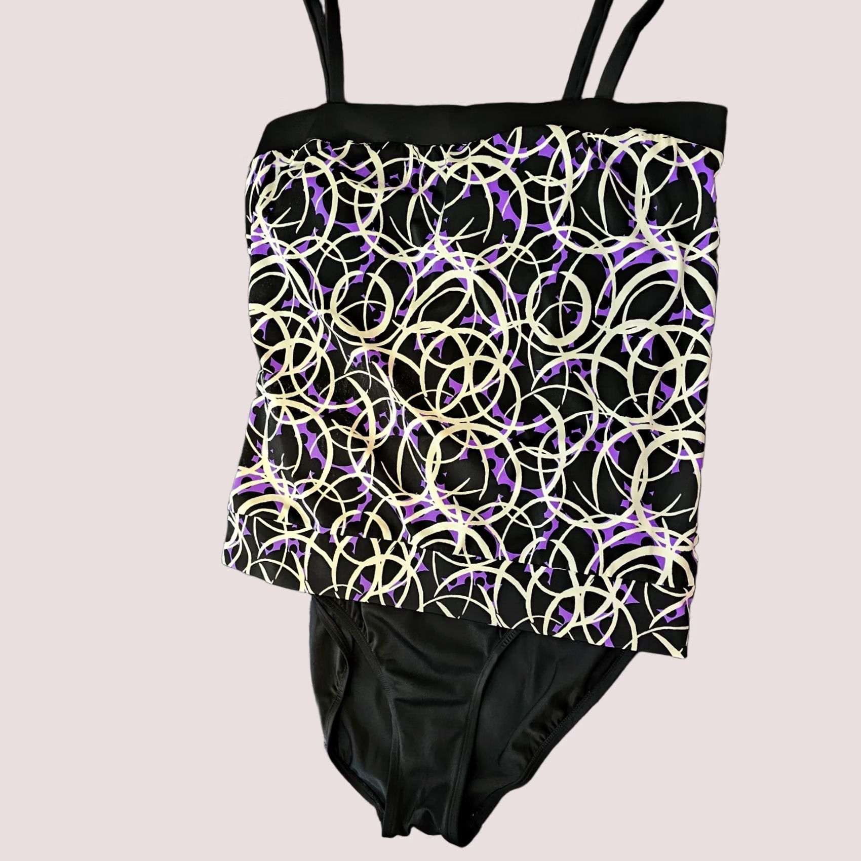 Vintage Jaclyn Smith Women's Tankini Black & Purple Floral Tankini Swim Top & Swim Skirt Set Size 16 Built-In Bra Spaghetti Strap Nylon Spandex Regular Women Size ONE SIZE - 1 Thumbnail