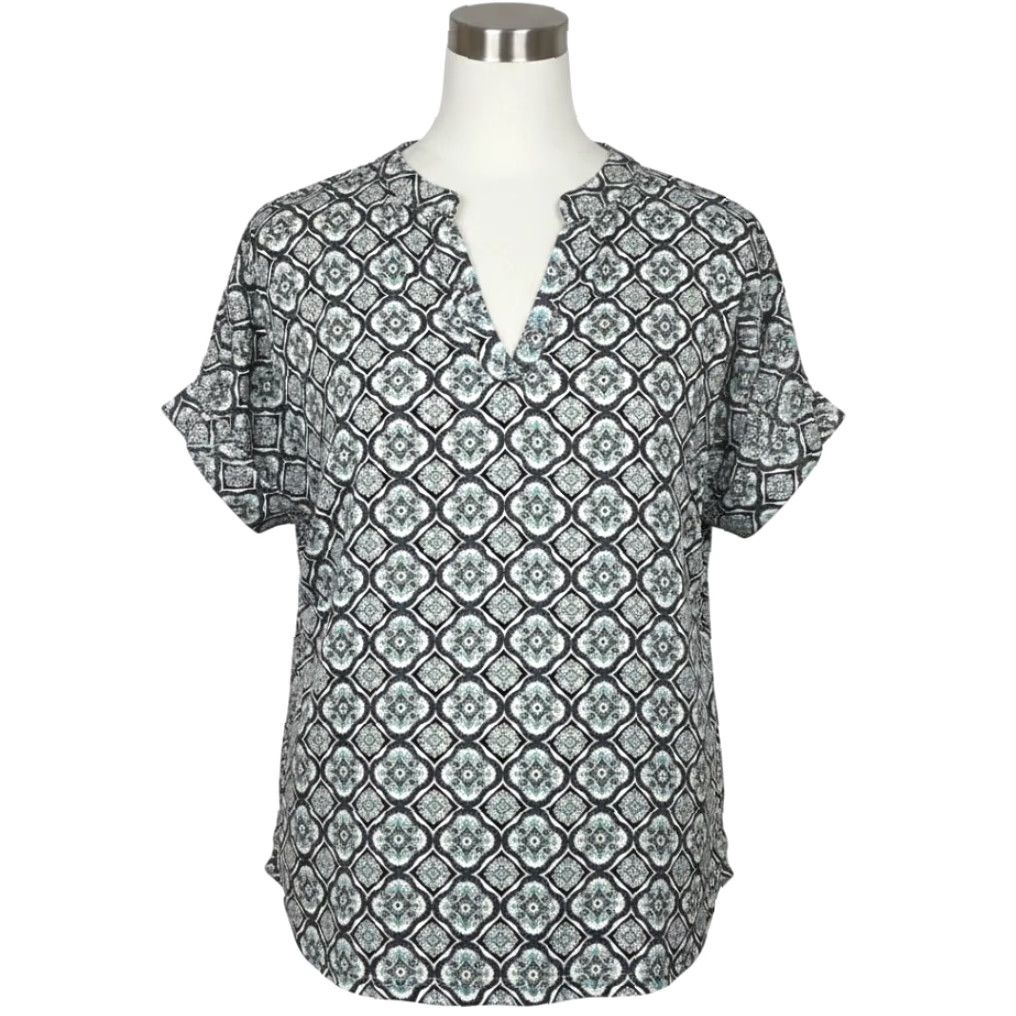 Vintage LUSH Blouse Womens S Green Gray Paisley All Over Print Boho Shirt Shirt (Pullover) Regular Short Sleeve Size S / US 4 / IT 40 - 2 Thumbnail