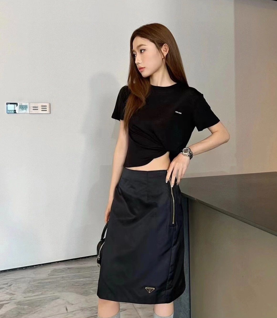 Prada Prada Gold Triangle Recycled Nylon Skirt Size 40" / US 18 - 1 Thumbnail