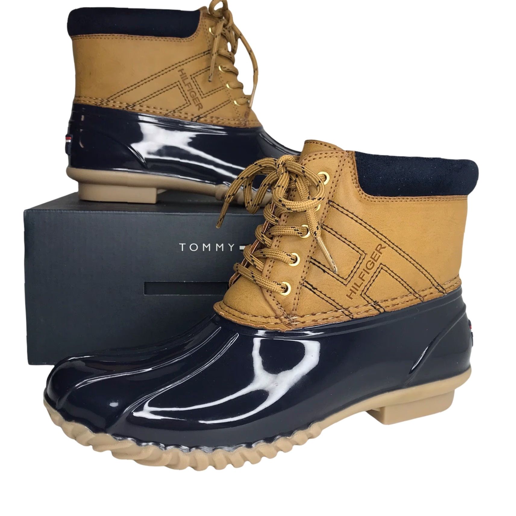 Tommy Hilfiger Tommy Hilfiger Womens Duck Boots Size 7 Navy Blue Brown Faux Fur Warm Waterproof Ankle Logo Boots Womens Size US 7 / IT 37 - 3 Thumbnail