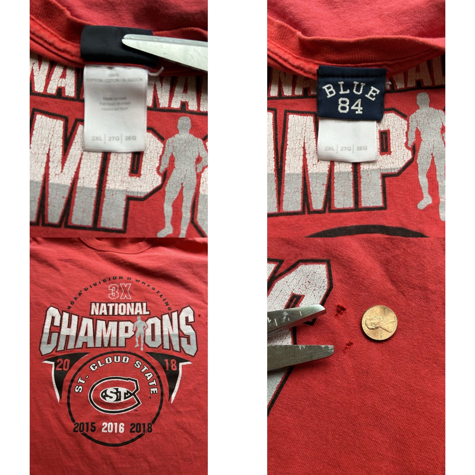 Vintage St Cloud State Champions Shirt Men 2XL Red Short Sleeve 2015 Blue 84 Wrestling Logo Graphic Print Shirt Size US XXL / EU 58 / 5 - 10 Thumbnail