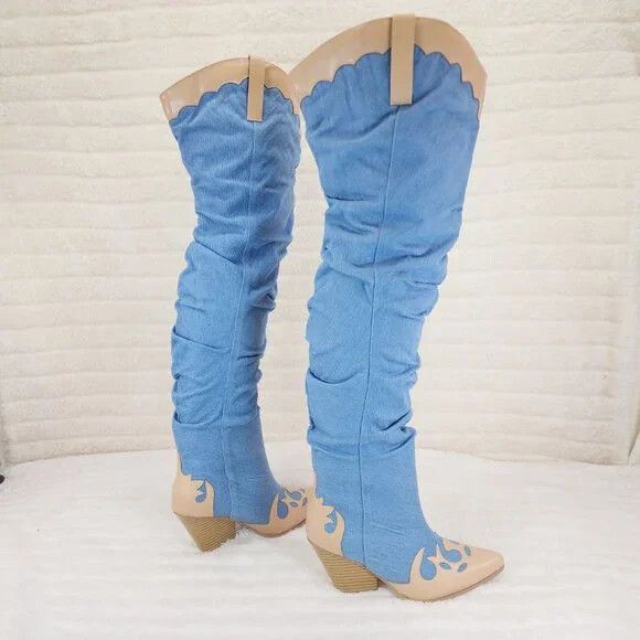 Other Western Denim OTK Thigh High Slouch Cowboy Boots (Size:7;) Size US 7 / IT 37 - 3 Thumbnail