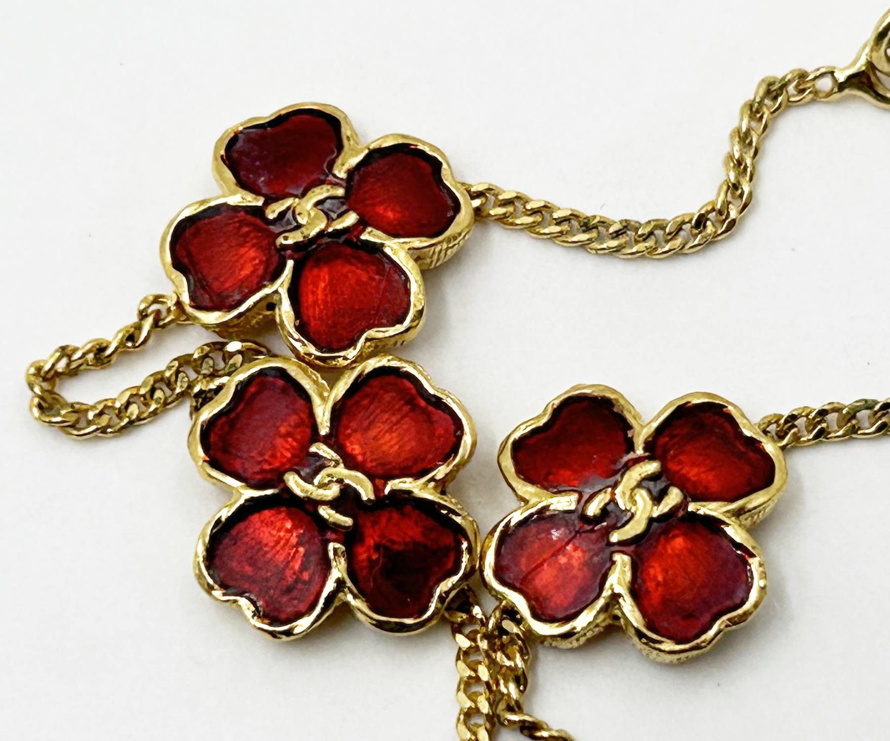 Chanel Chanel Rare Vintage Gold Plated CC 3 Red Flower Bracelet Size ONE SIZE - 2 Thumbnail