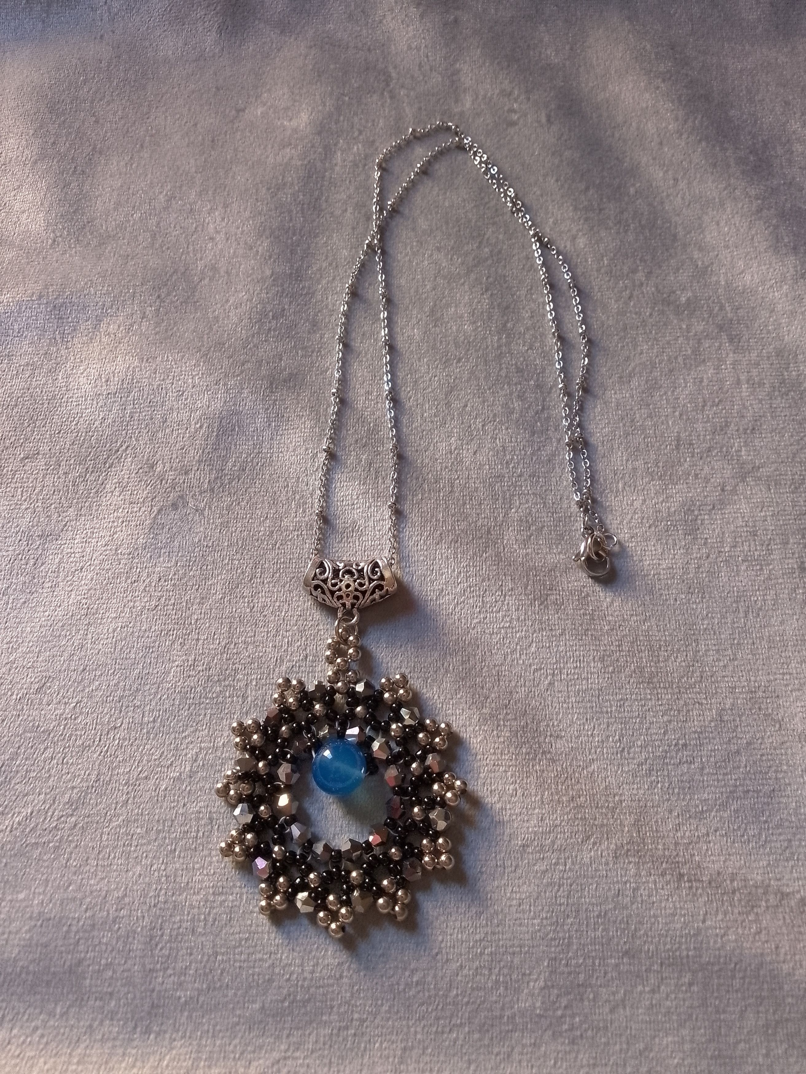 Handmade Long Necklace Rhodium plated. Blue Agate gemstone pendant Size ONE SIZE - 3 Thumbnail