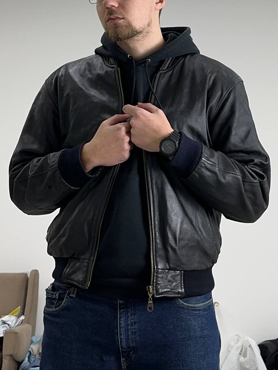 Bomber Jacket × Leather Jacket × Vintage Vintage Black Leather Bomber MA-1  Jacket Japanese Brand | Grailed