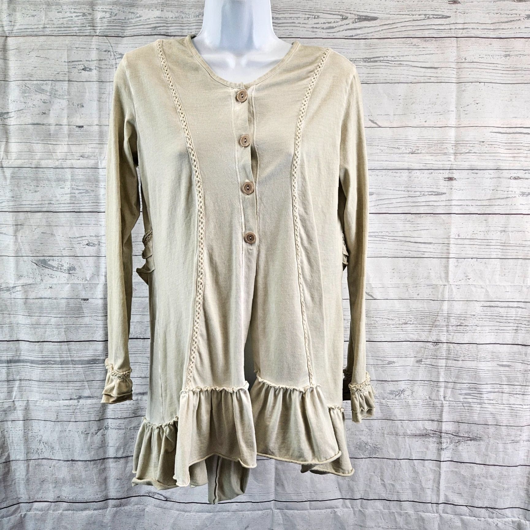 Vintage Gretty Zueger Womens Top Small Beige Long Sleeve Button Down Ruffle Blouse Size S / US 4 / IT 40 - 2 Thumbnail