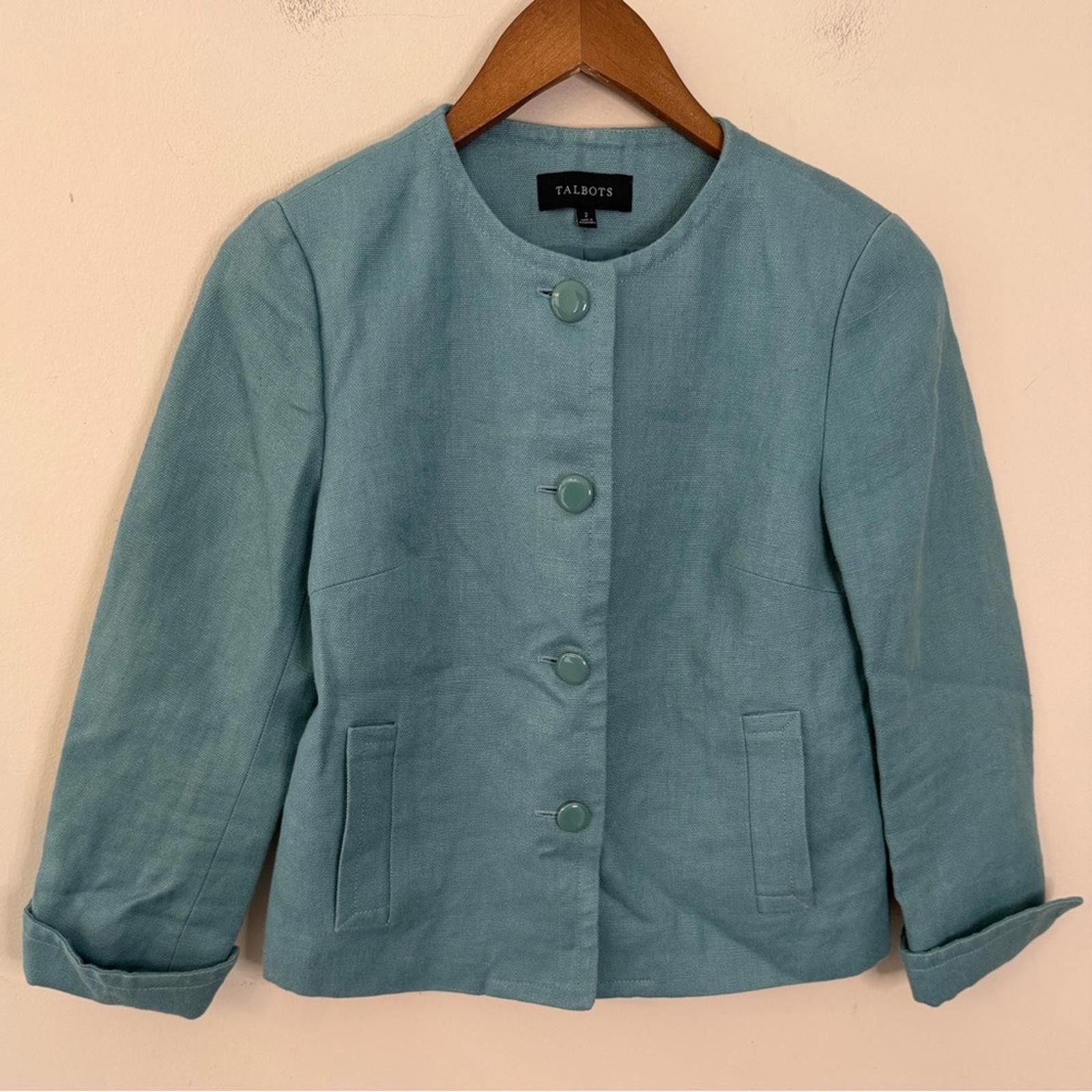 Other Talbots linen jacket eal green collarless pockets lined SZ 2 Size XS / US 0-2 / IT 36-38 - 1 Thumbnail