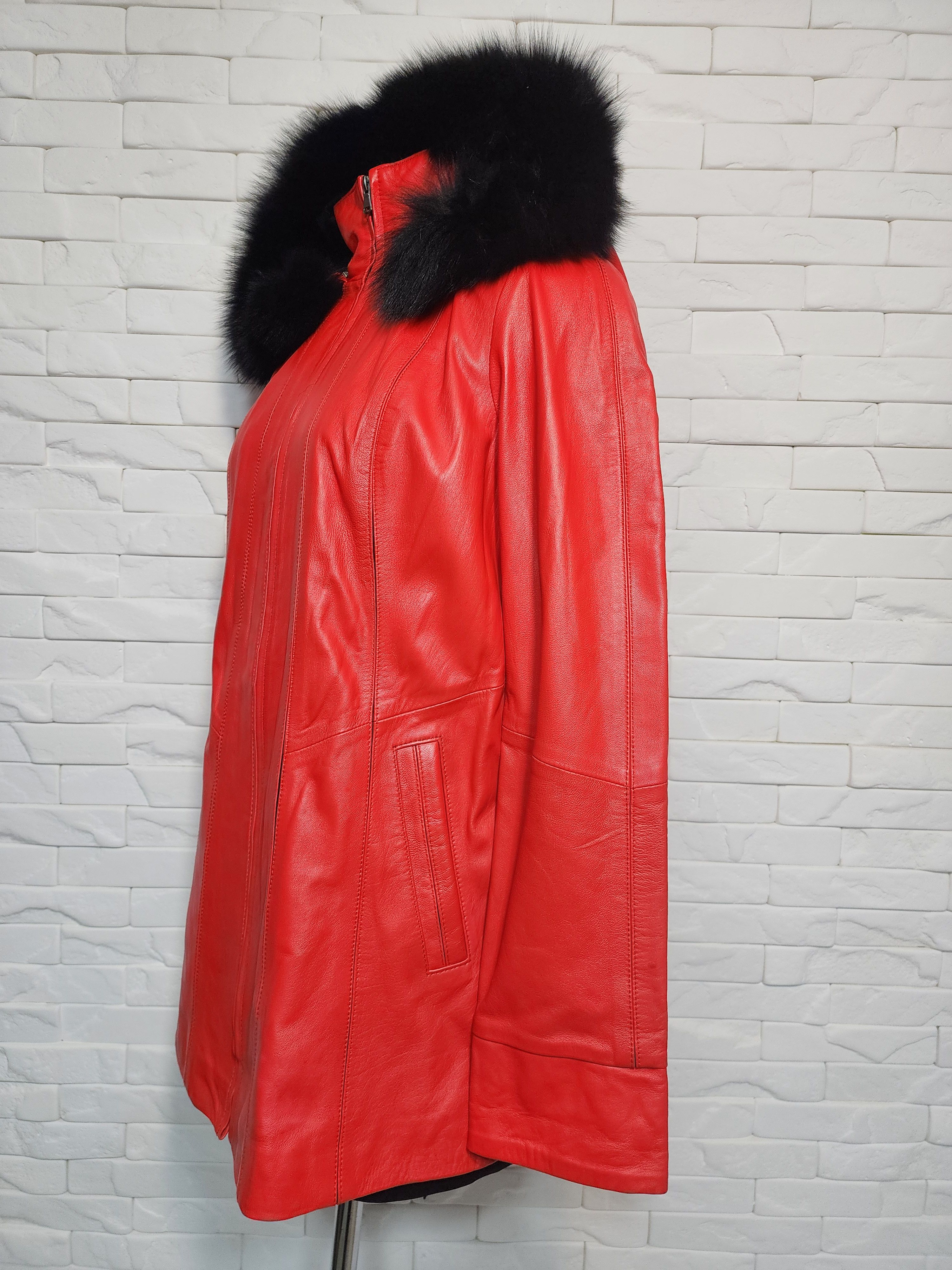 Genuine Leather Red Leather Jacket: Women's Leather Coat with Fur Hood Size M / US 6-8 / IT 42-44 - 2 Thumbnail