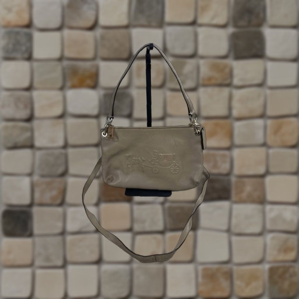 Coach Crossbody Bag Charley Beige Embossed Horse Carriage Leather Detachable Adjustable Strap Women Medium Bag