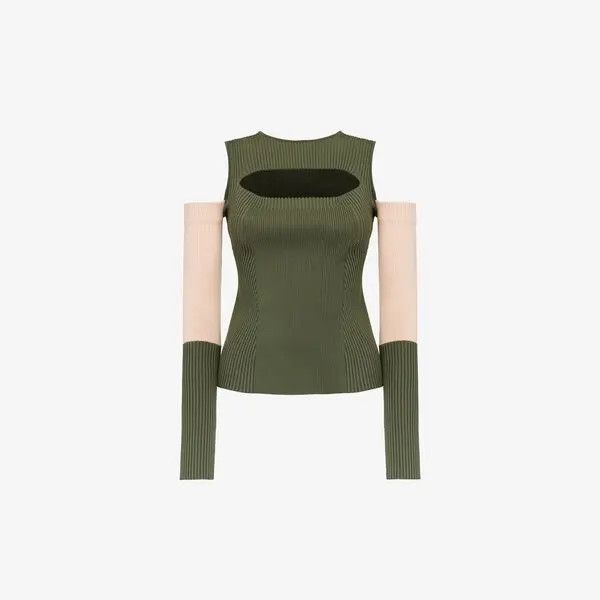 Alexander McQueen o1srvl11e0326 Slashed Knit Top in Khaki/Ivory Size M / US 6-8 / IT 42-44 - 1 Thumbnail