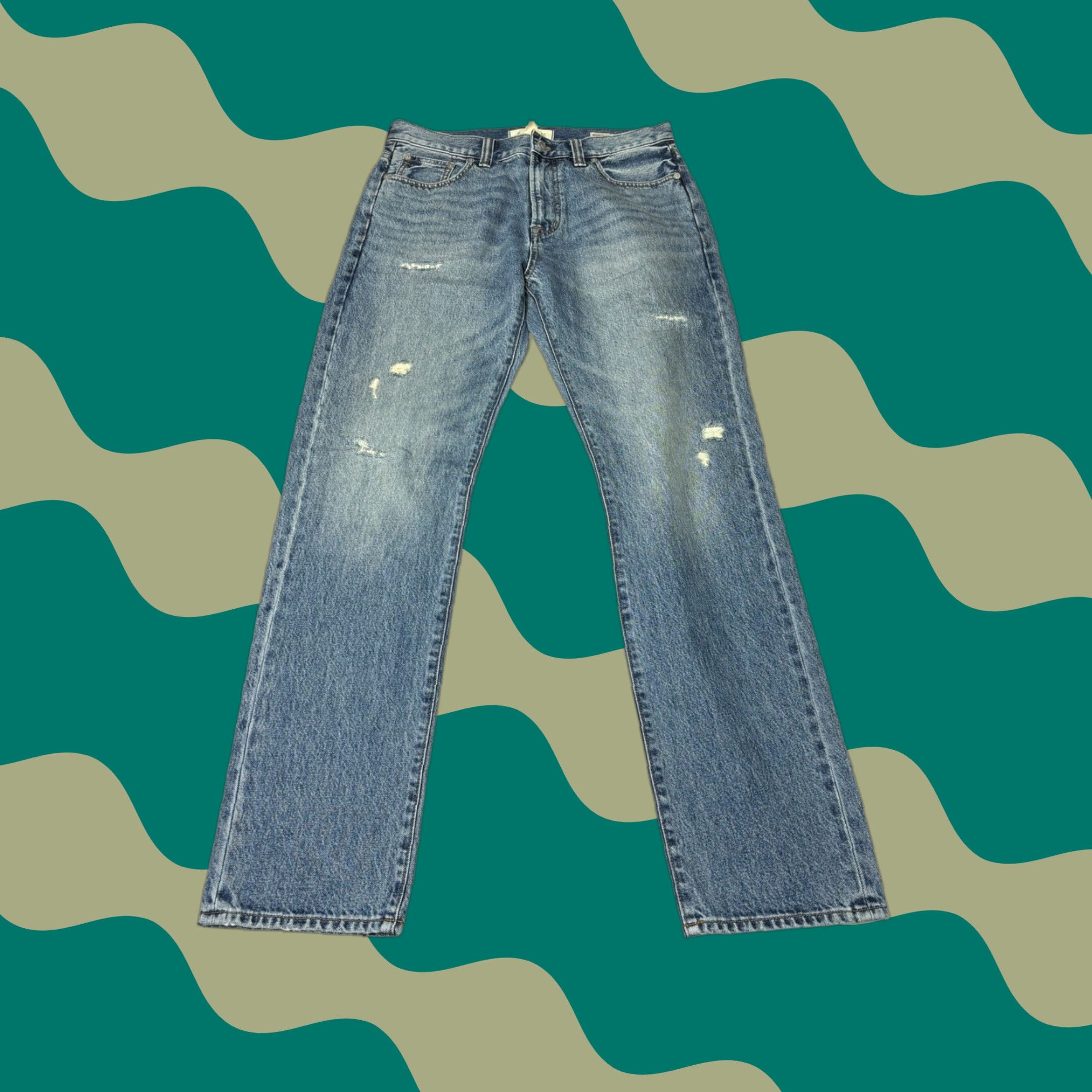 Madewell Madewell Jeans Mens Kaihara Denim Straight Leg Distressed 31 W 31x32 Blue Medium Cotton 5-Pocket Button Zip Modern Casual Mens Size US 31 - 1 Thumbnail