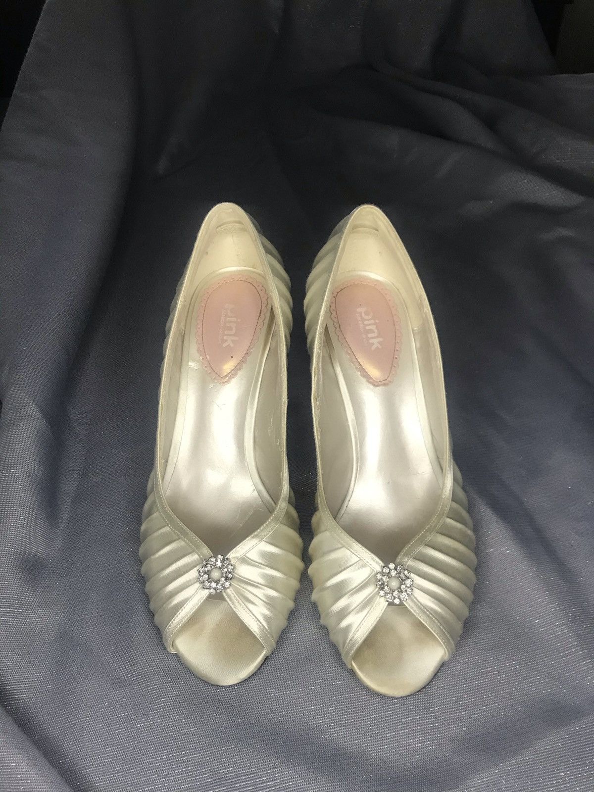 Pink Ivory Satin Peep Toe Bridal Pumps with Rhinestone and Pearl Detail Sz 9 Size US 9 / IT 39 - 1 Thumbnail