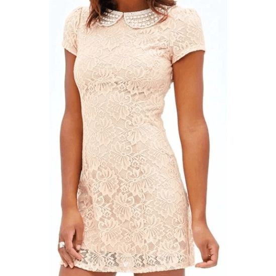Forever 21 Forever 21 Women's Size Large Beige Pearl Beaded Lace A-Line Dress Size L / US 10 / IT 46 - 4 Thumbnail