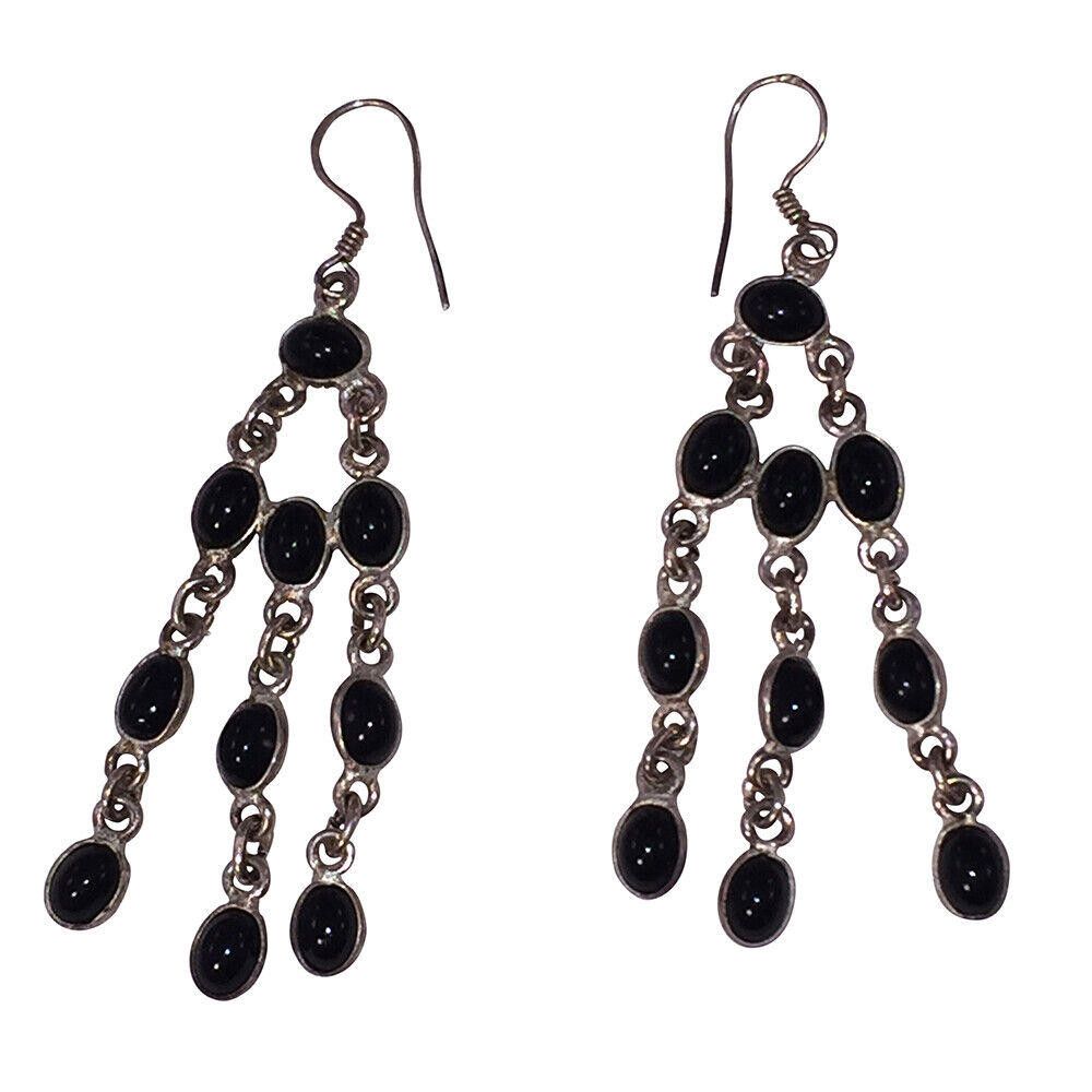Handmade Sterling Black Onyx Bezel Set Cabochon Chandelier Earrings Size ONE SIZE - 2 Thumbnail