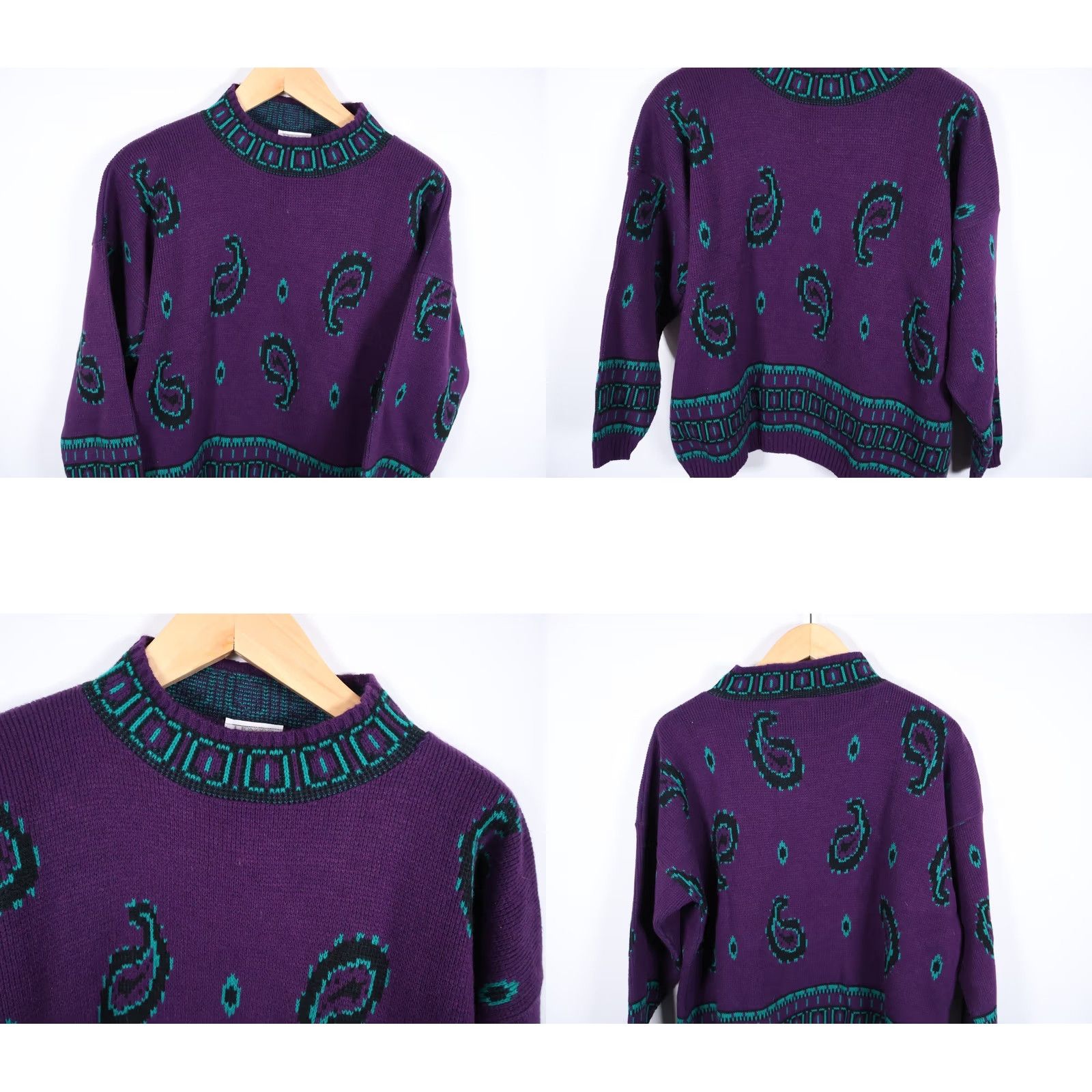 Vintage VINTAGE Honors 1X Purple Green Paisley Mock Neck Sweater Women's 90s Chunky Knit Pullover Size XL / US 12-14 / IT 48-50 - 8 Thumbnail