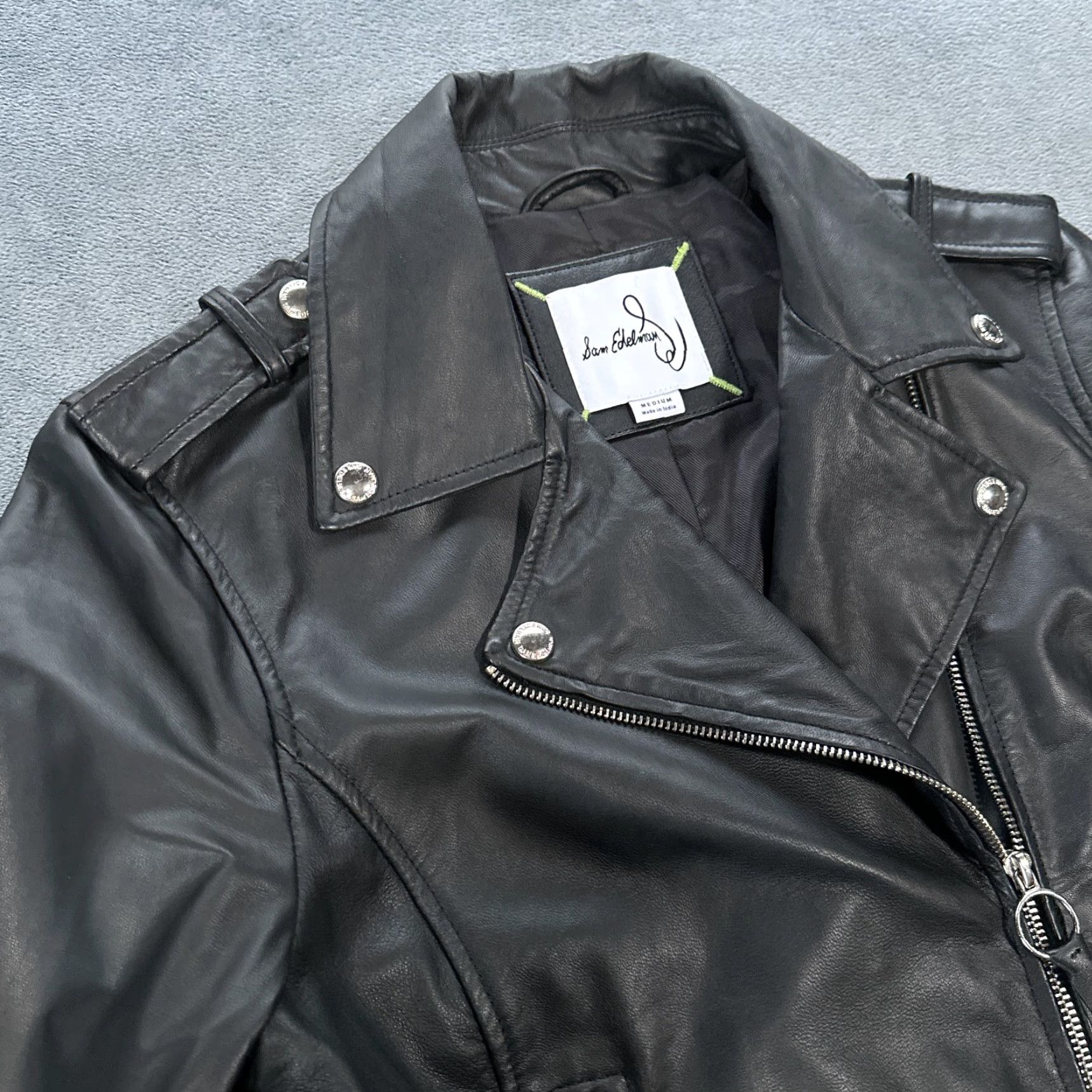 Sam Edelman Womens Black Moto Jacket Medium Faux Leather Asymmetrical Rockabilly Buckle Size M / US 6-8 / IT 42-44 - 7 Thumbnail