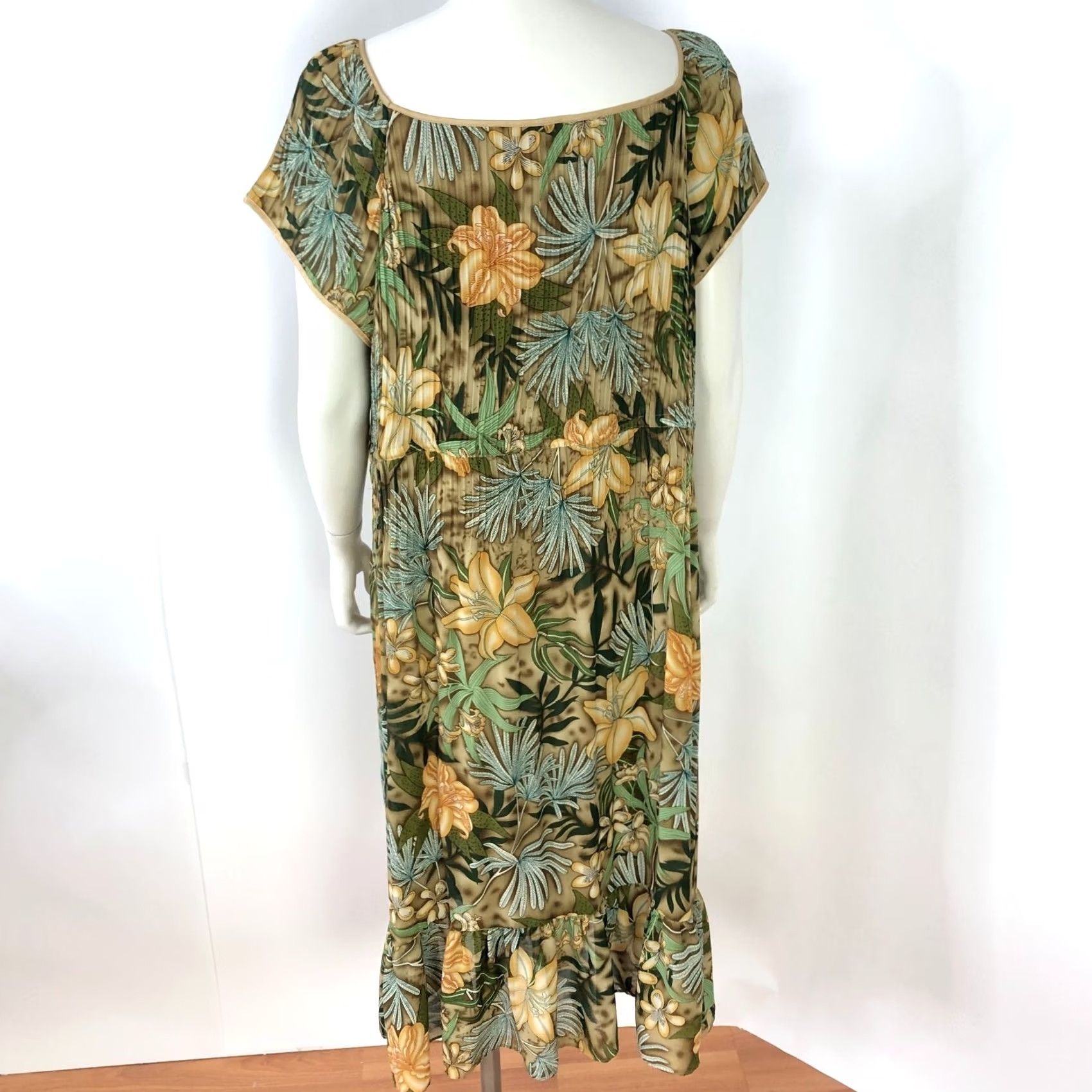 Vintage Dressbarn Dress 18 Cottage Core Ruffled Pleated Midi Knee Dress Green Brown Women's Midi Dress Casual Party/Cocktail Size XXL / US 16-18 / IT 52-54 - 4 Thumbnail