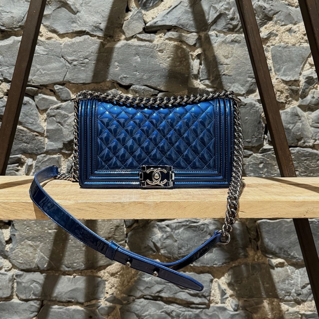 Chanel Chanel 2014 Metallic Blue Patent Old Medium Boy Bag Size ONE SIZE - 1 Thumbnail