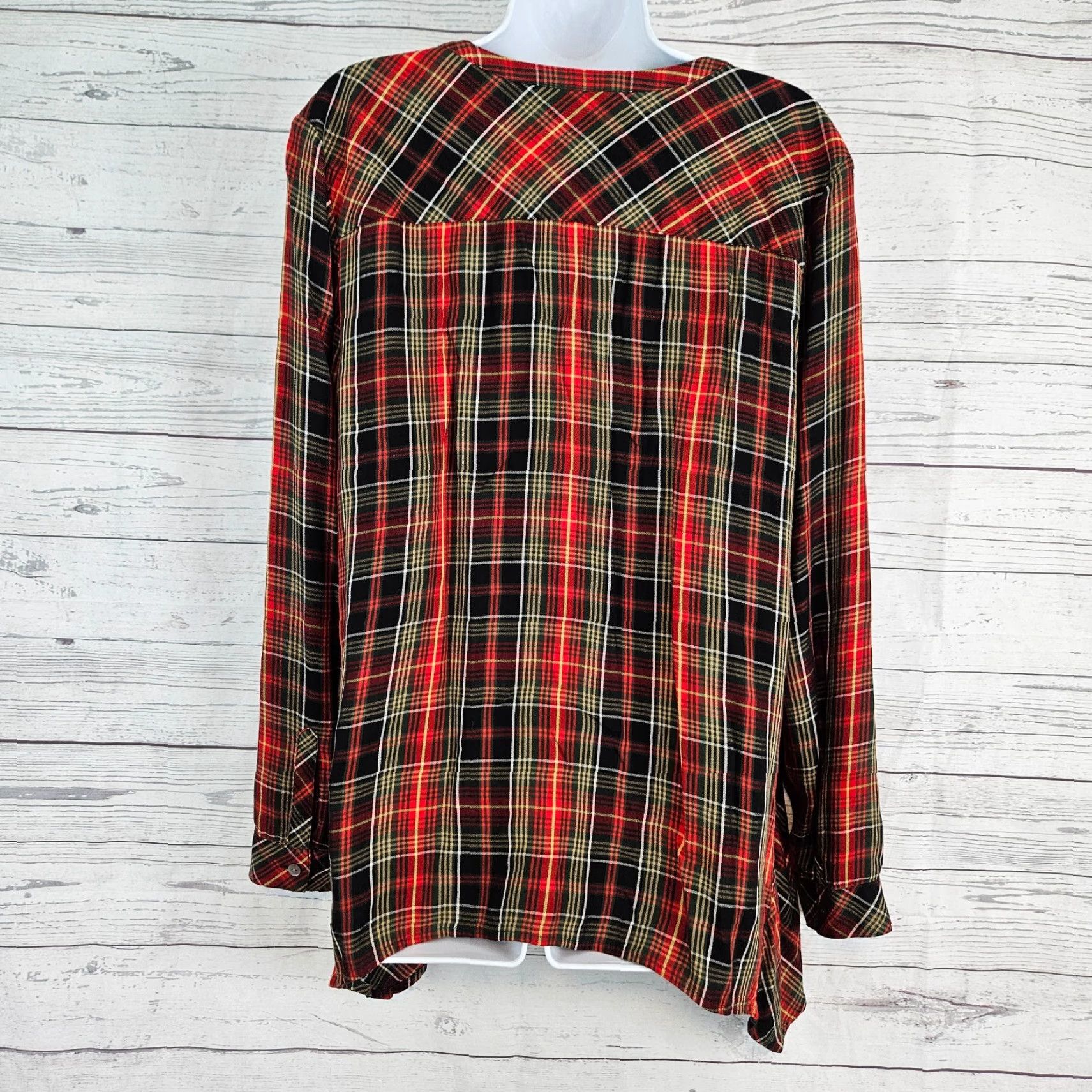 J. Jill J Jill Womens Button Front Top L Red Plaid Rayon Long Sleeve Shirt Size L / US 10 / IT 46 - 3 Thumbnail
