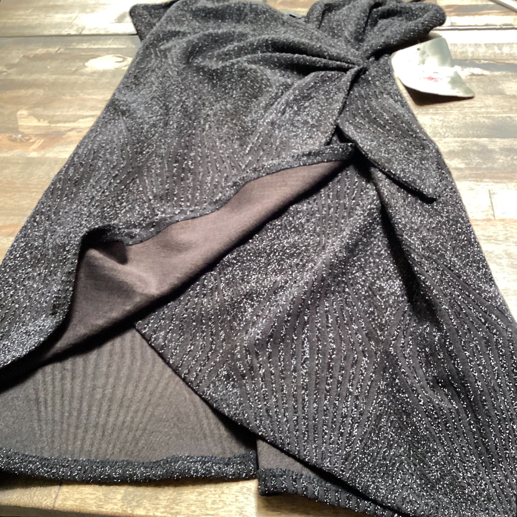 Vintage Lily Rose Dress L Black Shimmer Spaghetti Strap Knotted Side Wrap Mini V-Neck Juniors Party Cocktail Knee Length Womens Size L / US 10 / IT 46 - 7 Thumbnail