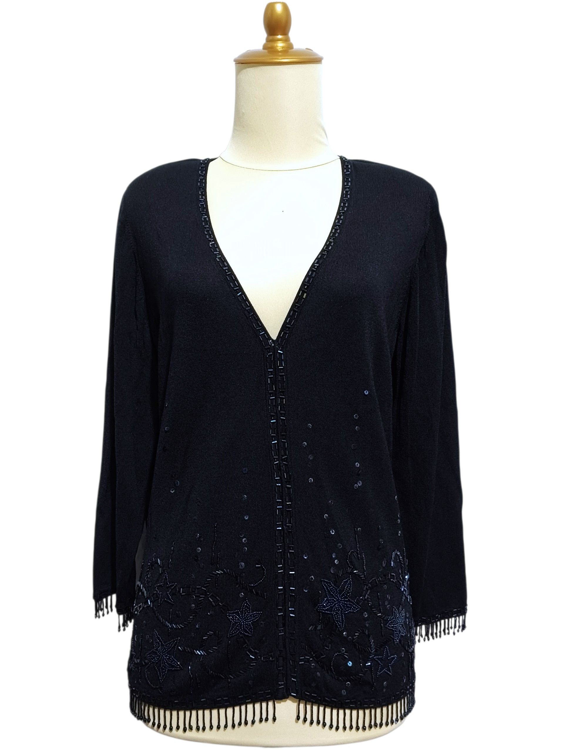 Escada Escada 90s Beaded Knit Cardigan Black Sequins Fringe Hem Size S / US 4 / IT 40 - 1 Thumbnail