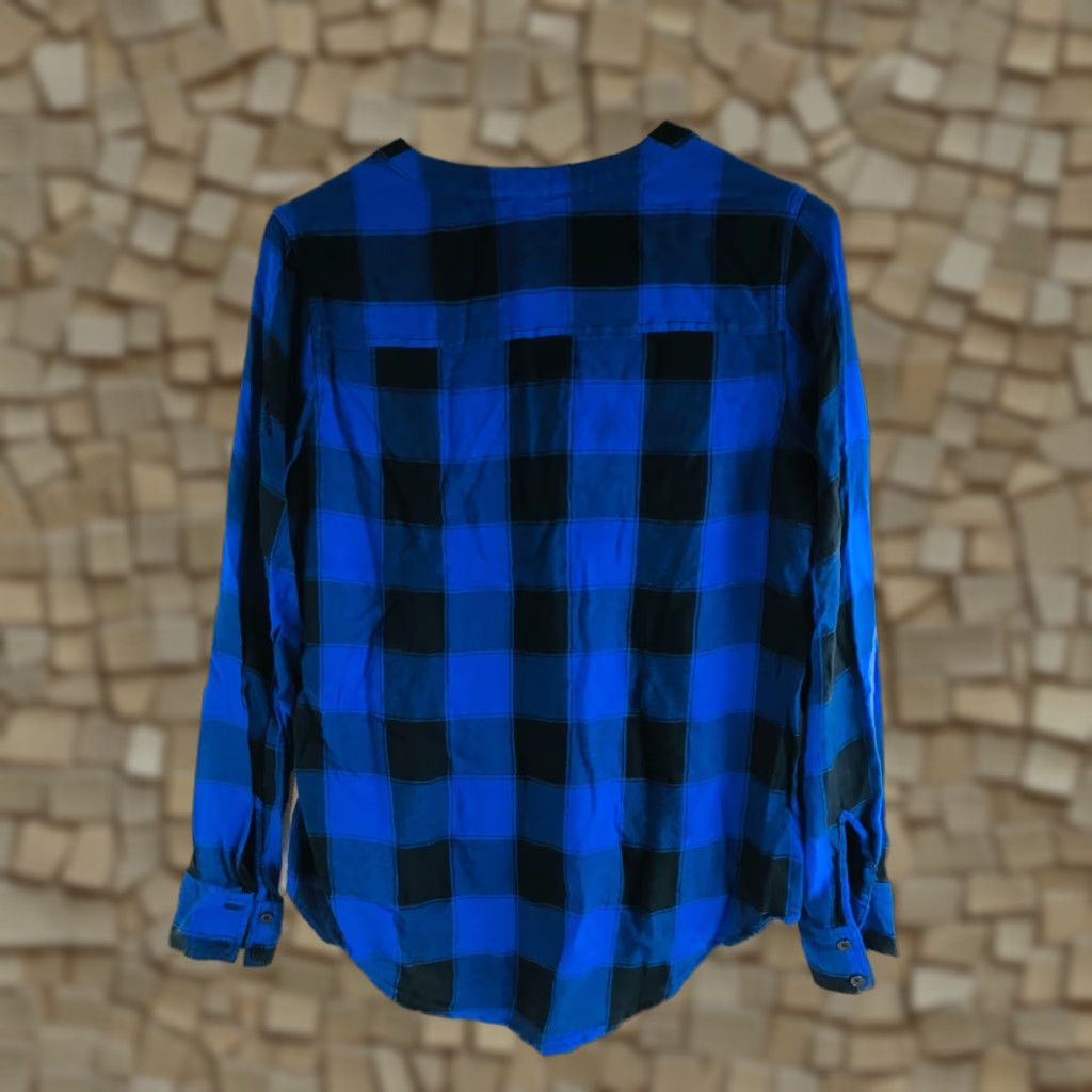 Express Express Blouse Women's Size S Blue Black Plaid Long Sleeve Lace-Up V-Neck Flaps Size S / US 4 / IT 40 - 1 Thumbnail
