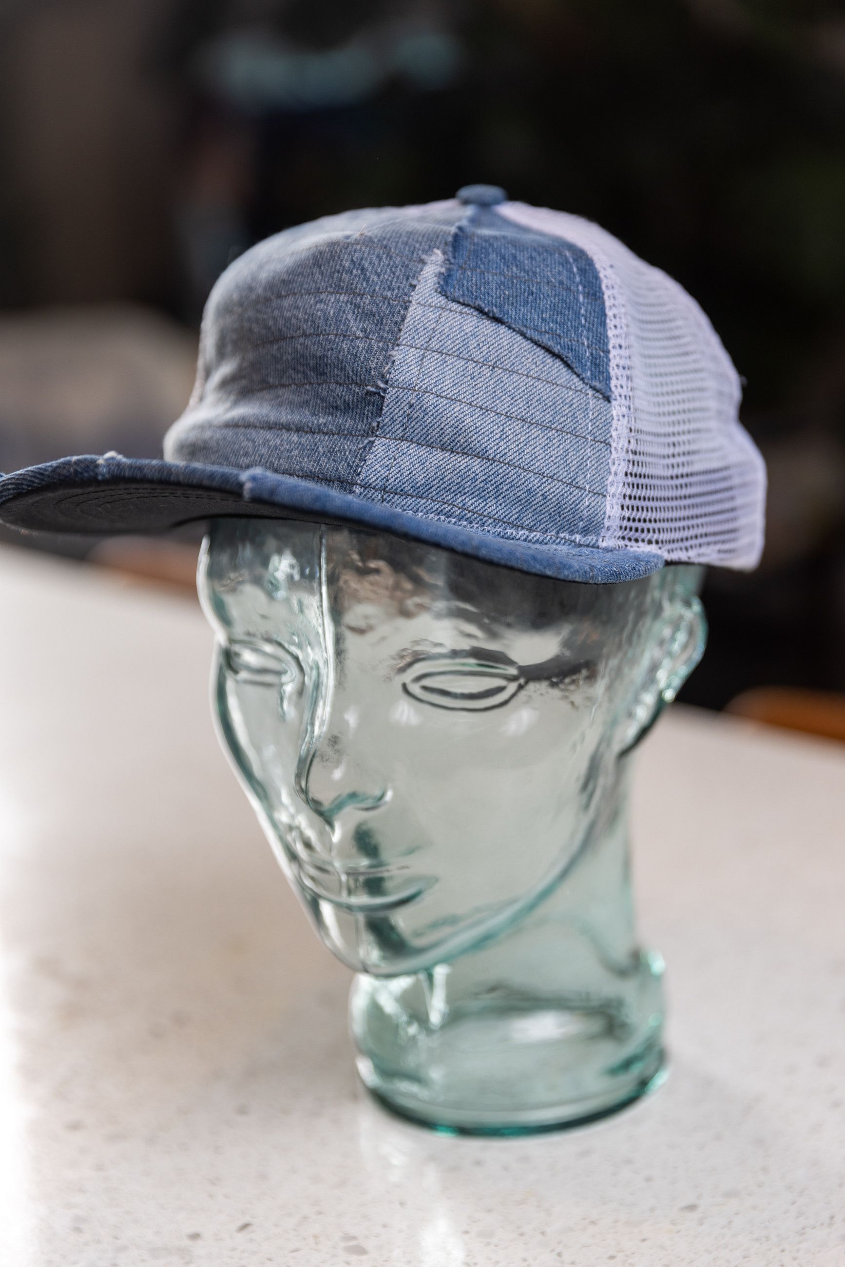 image of Greg Lauren Denim Patchwork Cap in Blue, Men's