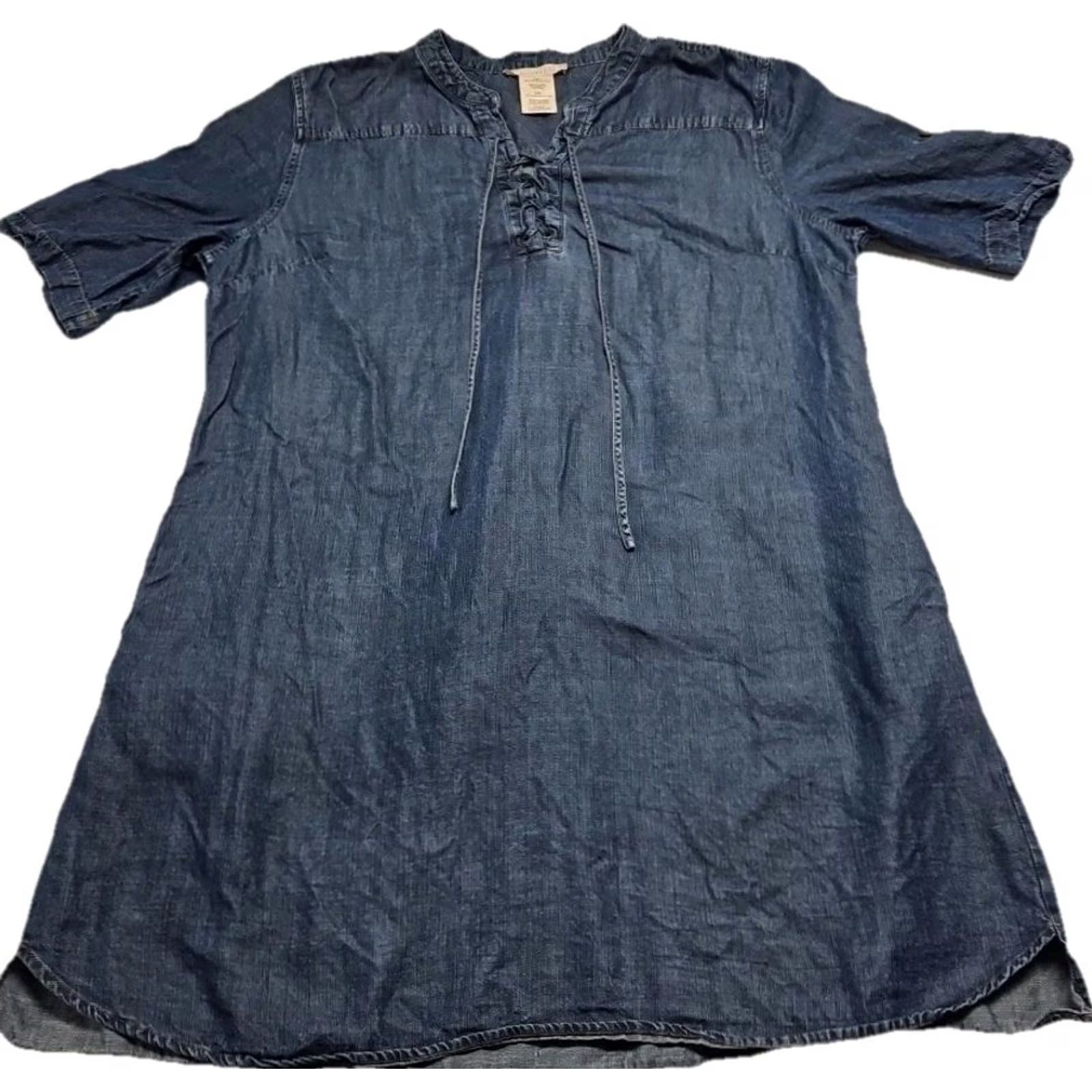 Vintage Philosophy Chambray Dress Womens XXL Blue 100% Tencel Lyocell Roll Tab Sleeve Short Sleeve V-Neck Casual Shift Dress Size XXL / US 16-18 / IT 52-54 - 2 Thumbnail