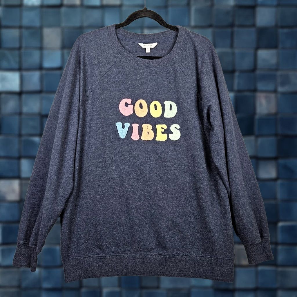 Wildfox Wildfox Good Vibes Women's Blue Graphic Sweatshirt M Pullover Knit Cotton Blend Regular Size Type Sweatshirt Short Sleeve All Seasons Blue Womens Size M / US 6-8 / IT 42-44 - 1 Thumbnail