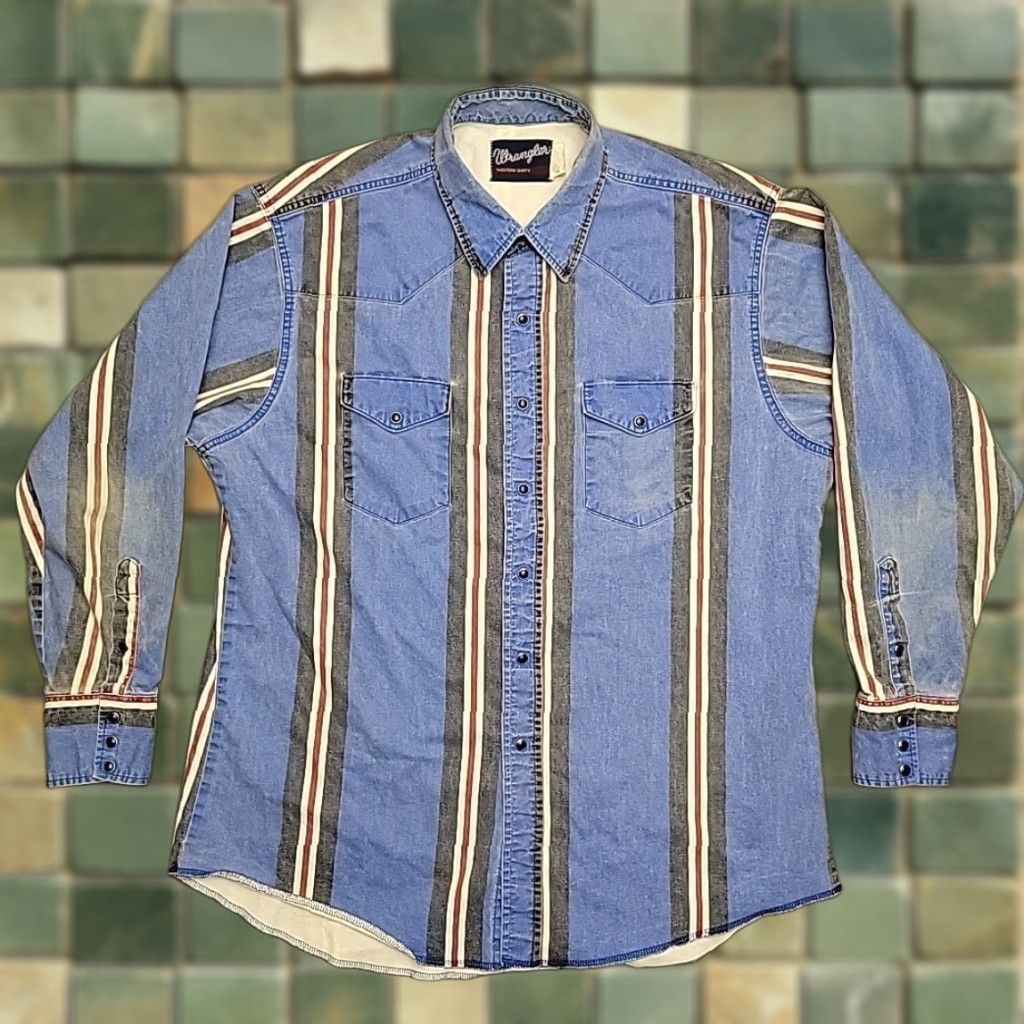 Wrangler VINTAGE Wrangler Brush Popper Shirt Men XL Blue Striped Pearl Snap Western King? Size US XL / EU 56 / 4 - 1 Thumbnail
