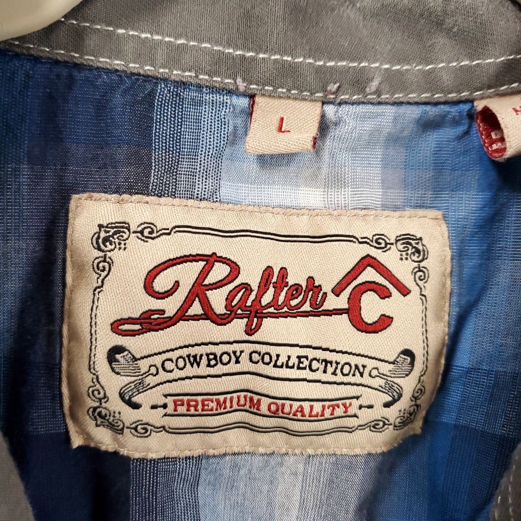 Vintage Rafter C Mens Large Plaid Pearl Snap Shirt - Blue White Western Rodeo Cotton Casual Long Sleeve Shirt Size US L / EU 52-54 / 3 - 3 Thumbnail