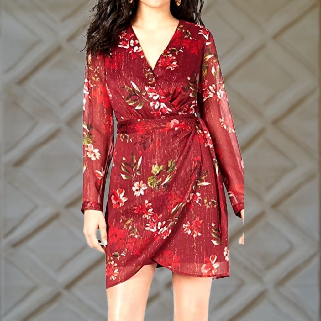 Guess GUESS Wrap Dress 0 Long Sleeve Floral Red V-Neck Knee Length NWT Size XS / US 0-2 / IT 36-38 - 1 Thumbnail