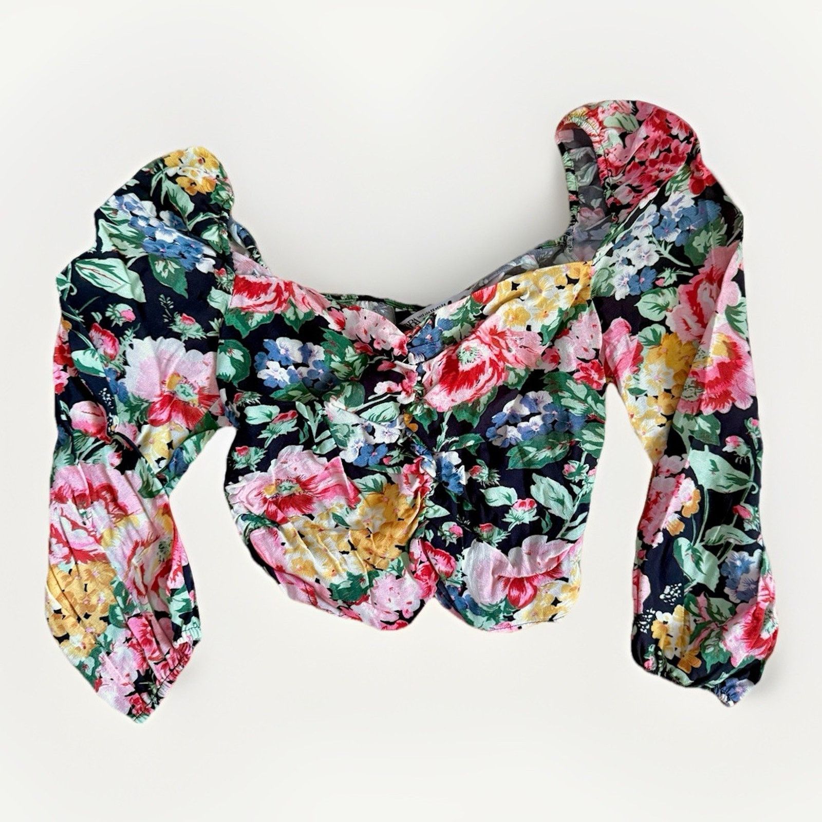Zara Zara Women Black Floral 3/4 Sleeve Crop Blouse Top Size XS Size XS / US 0-2 / IT 36-38 - 1 Thumbnail