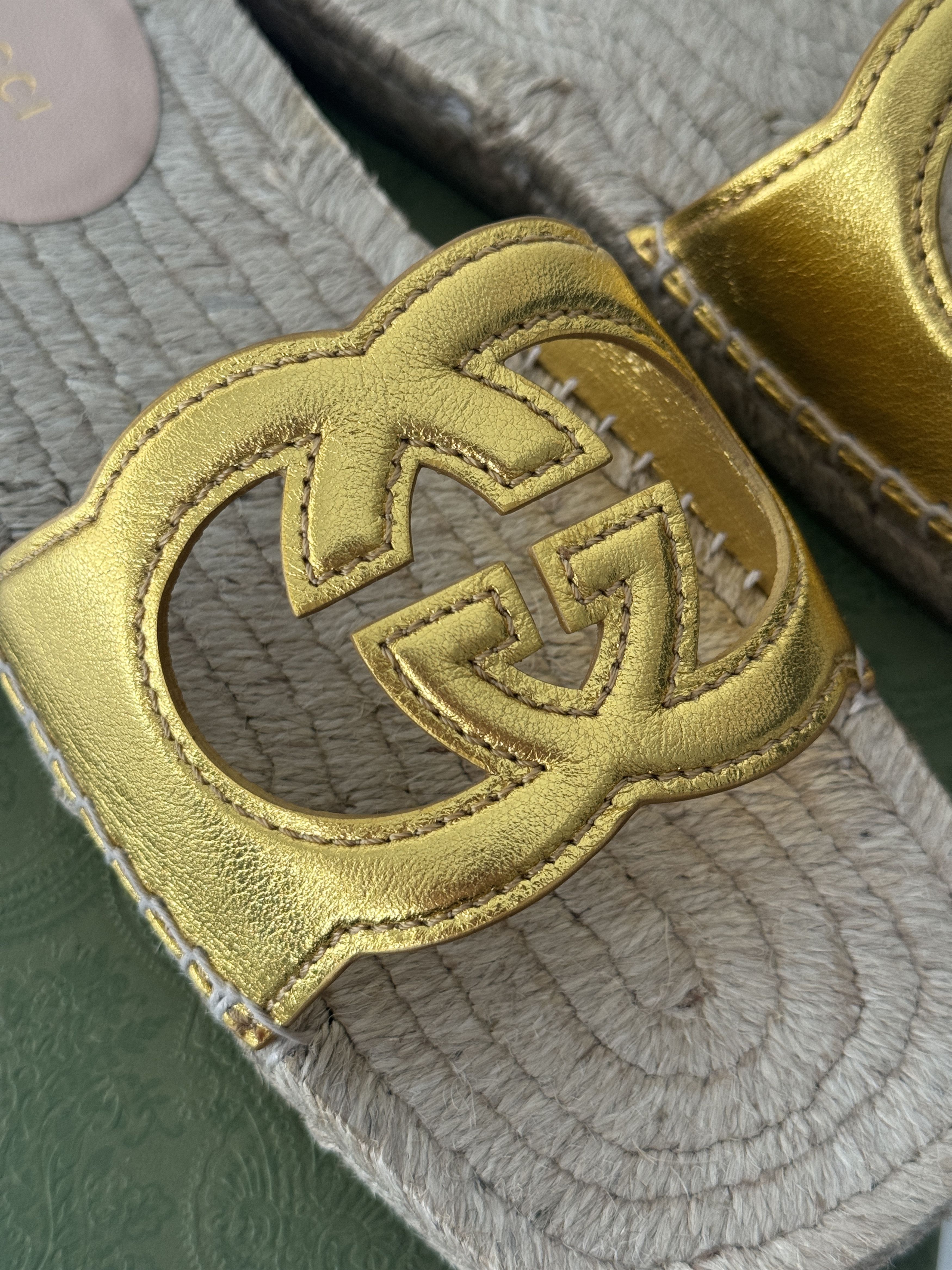 Gucci size 37G - Gucci Espadrille Gold GG cutout slide sandal Size US 7 / IT 37 - 5 Thumbnail