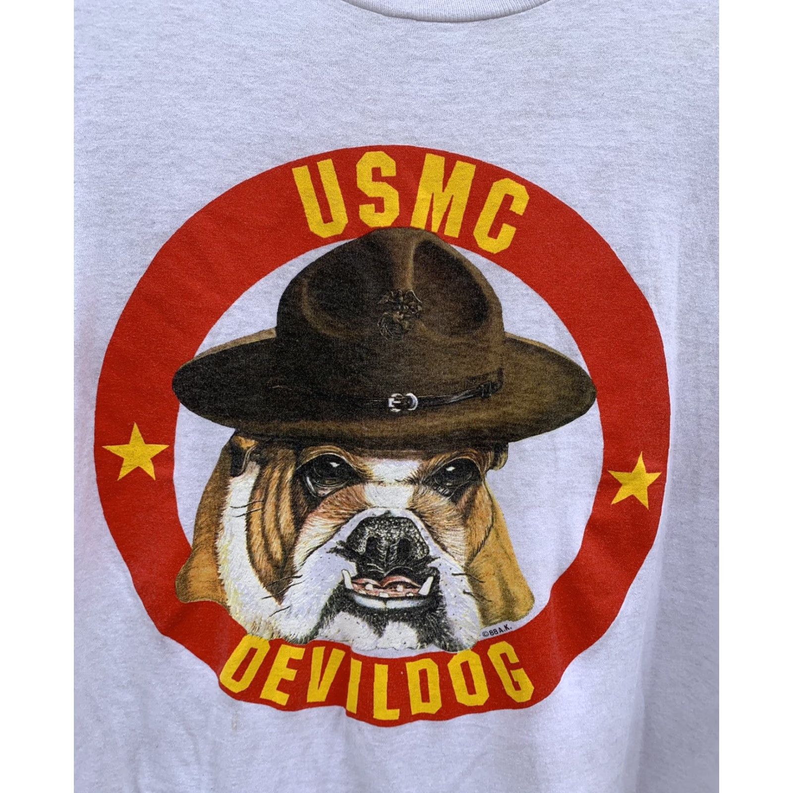 Vintage VINTAGE USMC Devildog t shirt 80s 1980s White Cotton Blend Screen Stars 2XL Mens Graphic Tee Marines Dog 88 AK C 88 A.K. Decade 1980s 1980s Size US XXL / EU 58 / 5 - 3 Thumbnail