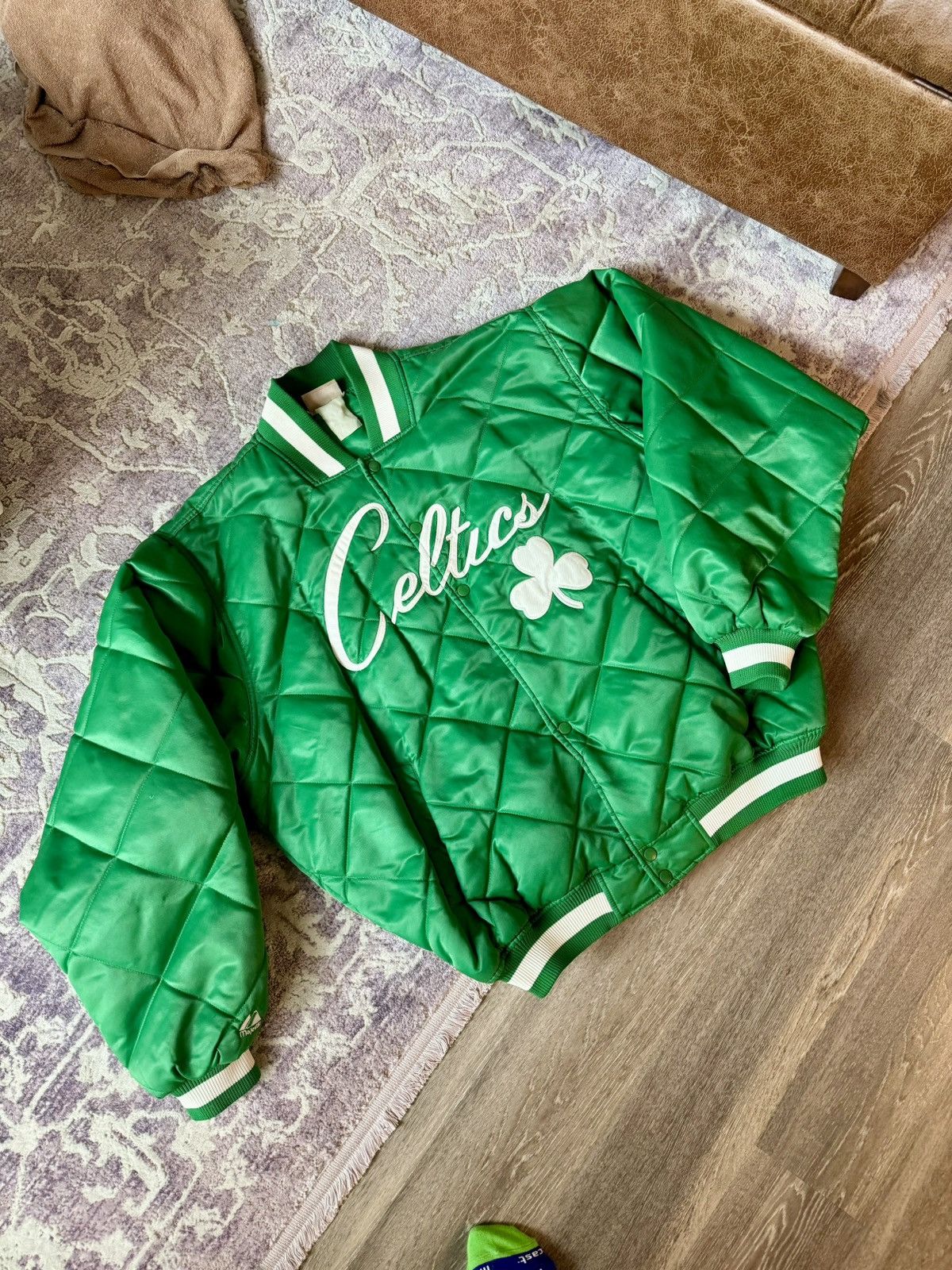 image of Majestic x NBA Boston Celtics Vintage Quilted Bomber - XL in Green, Men's