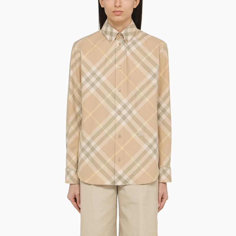 image of Burberry Check Pattern Cotton Shirt in Beige, Women's (Size XS)