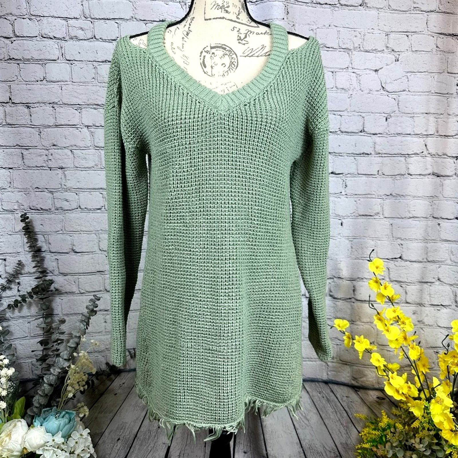 Other SideFeels V Neck Cold Shoulder Knitted Sweater Mint Green L Size L / US 10 / IT 46 - 2 Thumbnail