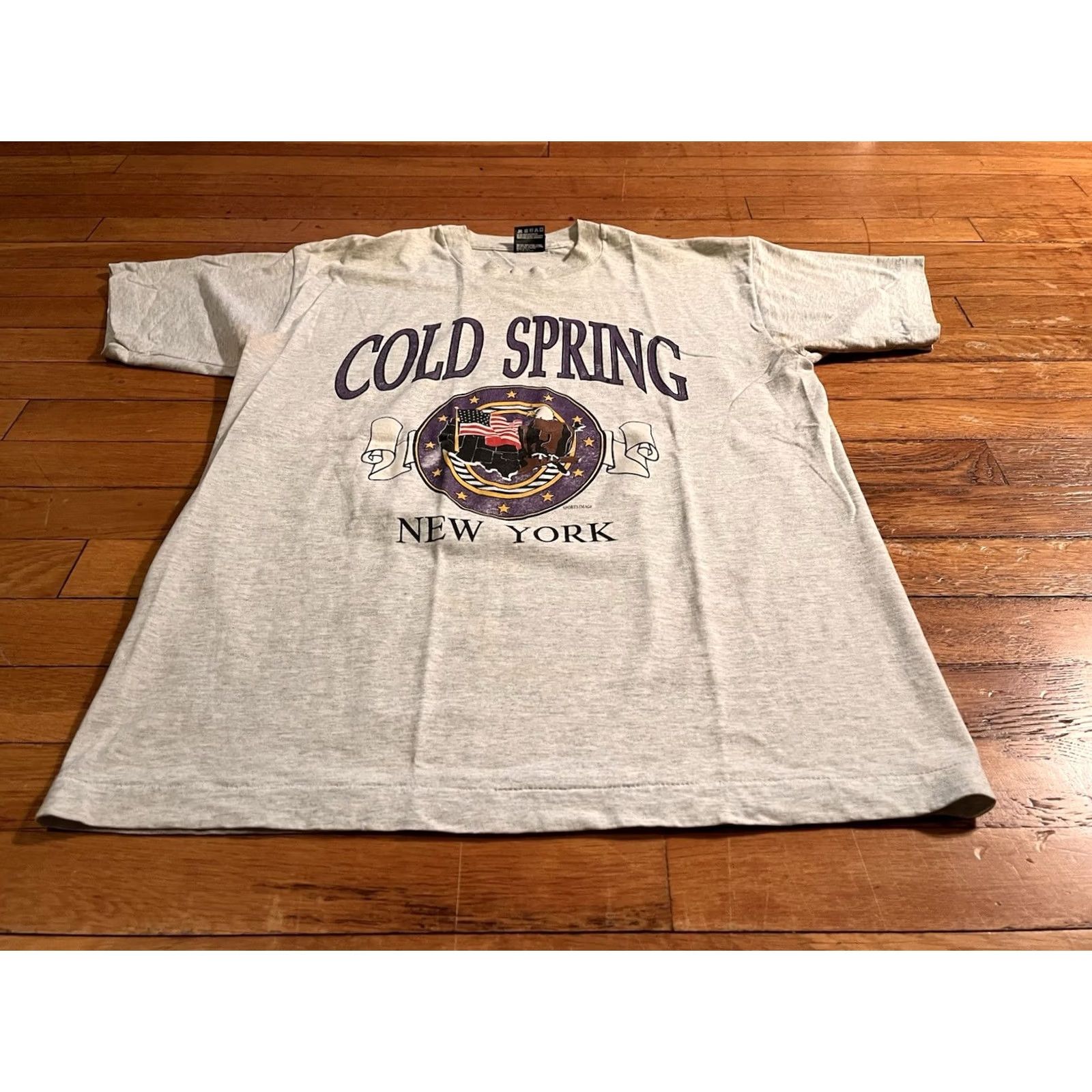 Fruit Of The Loom VINTAGE American Flag Shirt Men’s L Grey 90s USA Patriotic City Graphic Print Crew Neck Cotton Blend Short Sleeve Size US L / EU 52-54 / 3 - 2 Thumbnail