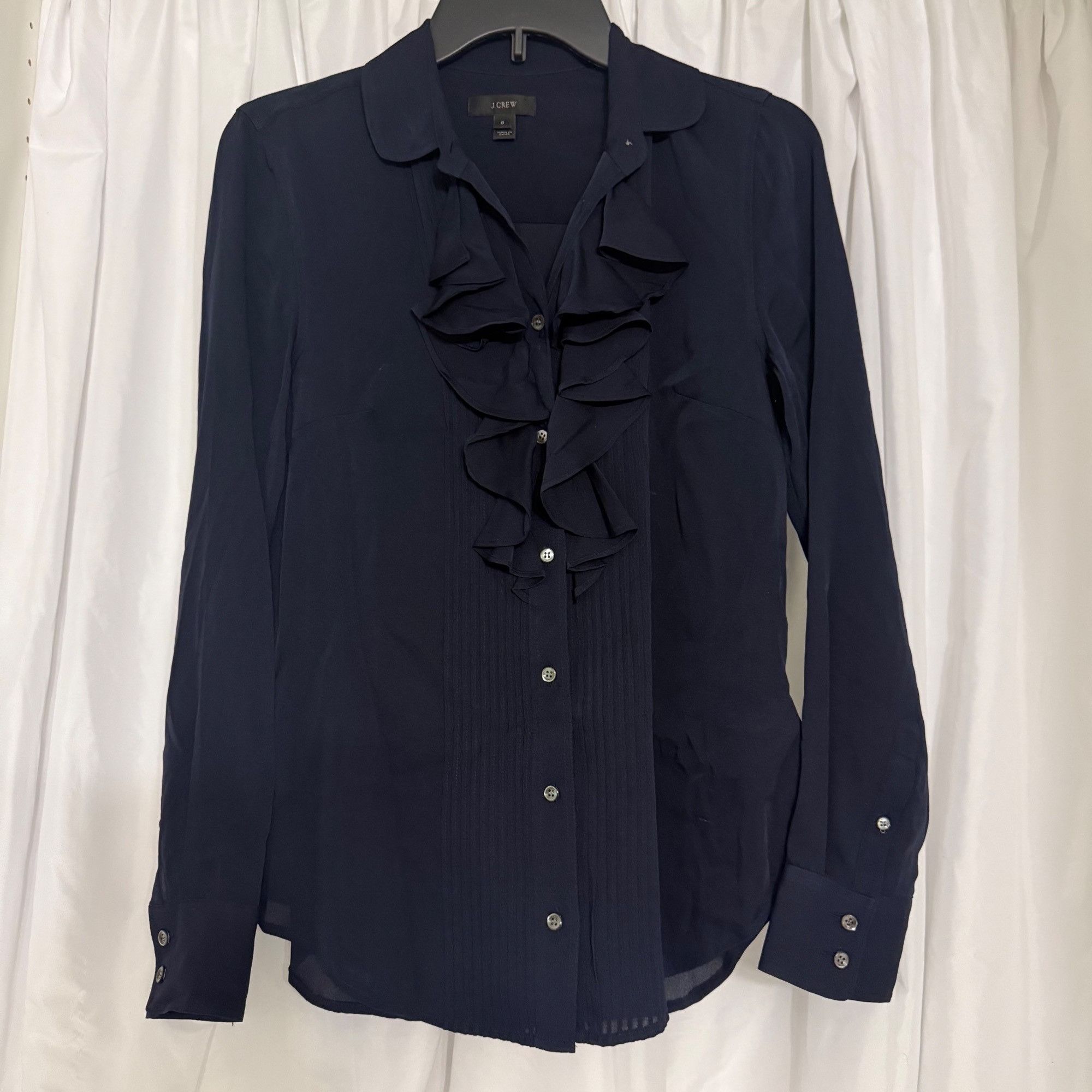 J.Crew J.Crew Womens Navy Long-Sleeve Ruffle Front Blouse Size 0 Size XS / US 0-2 / IT 36-38 - 1 Thumbnail