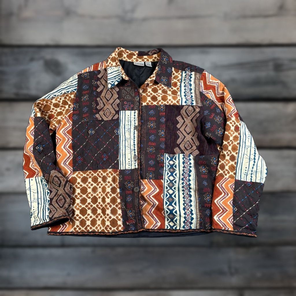 Vintage VINTAGE Chico's Jacket Women L Brown Embroidered Patchwork Geometric Bohemian 3 Silk Appliques Lined Size L / US 10 / IT 46 - 1 Thumbnail
